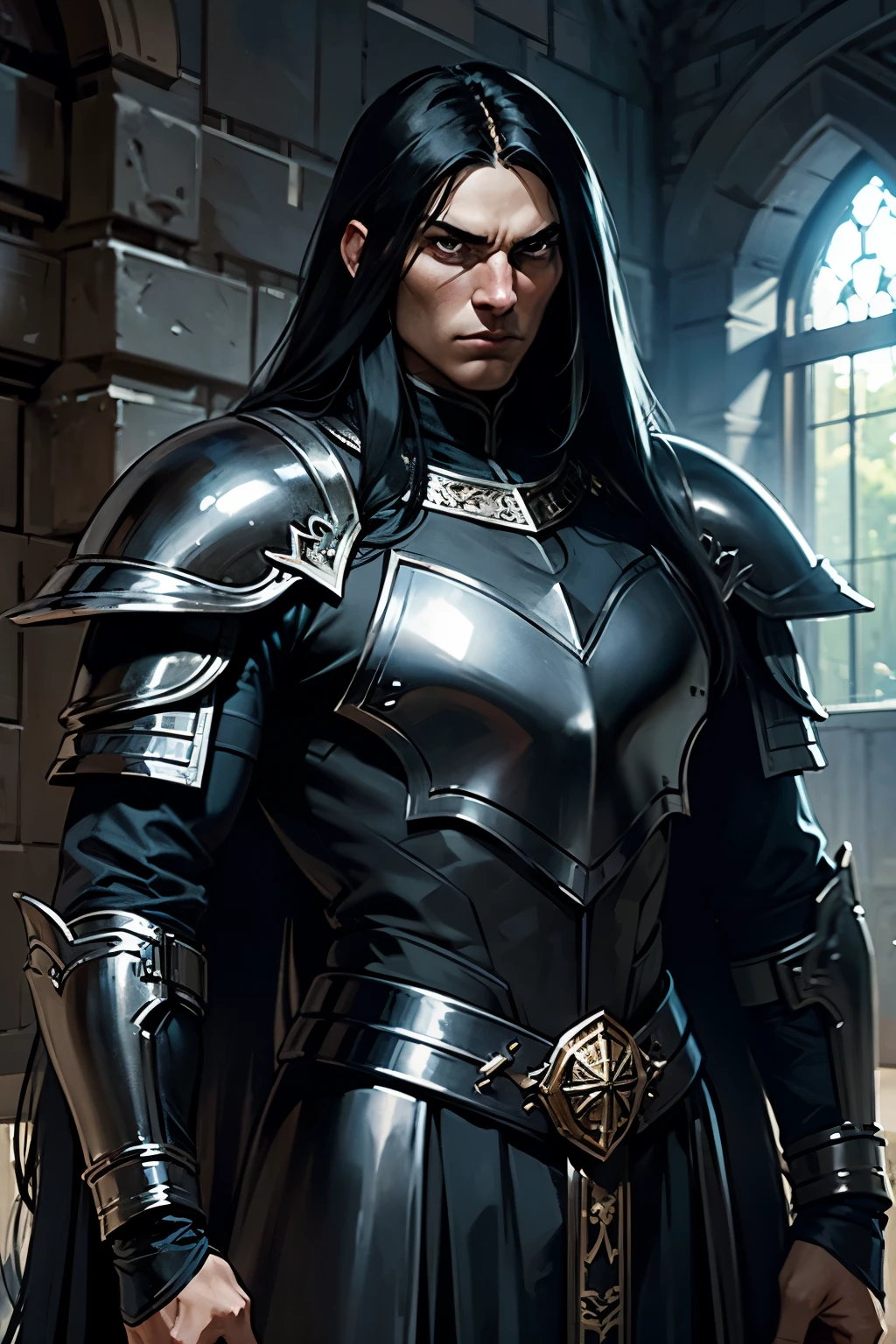 A young man, black and straight long hair, black armor, serious face, in a castle
