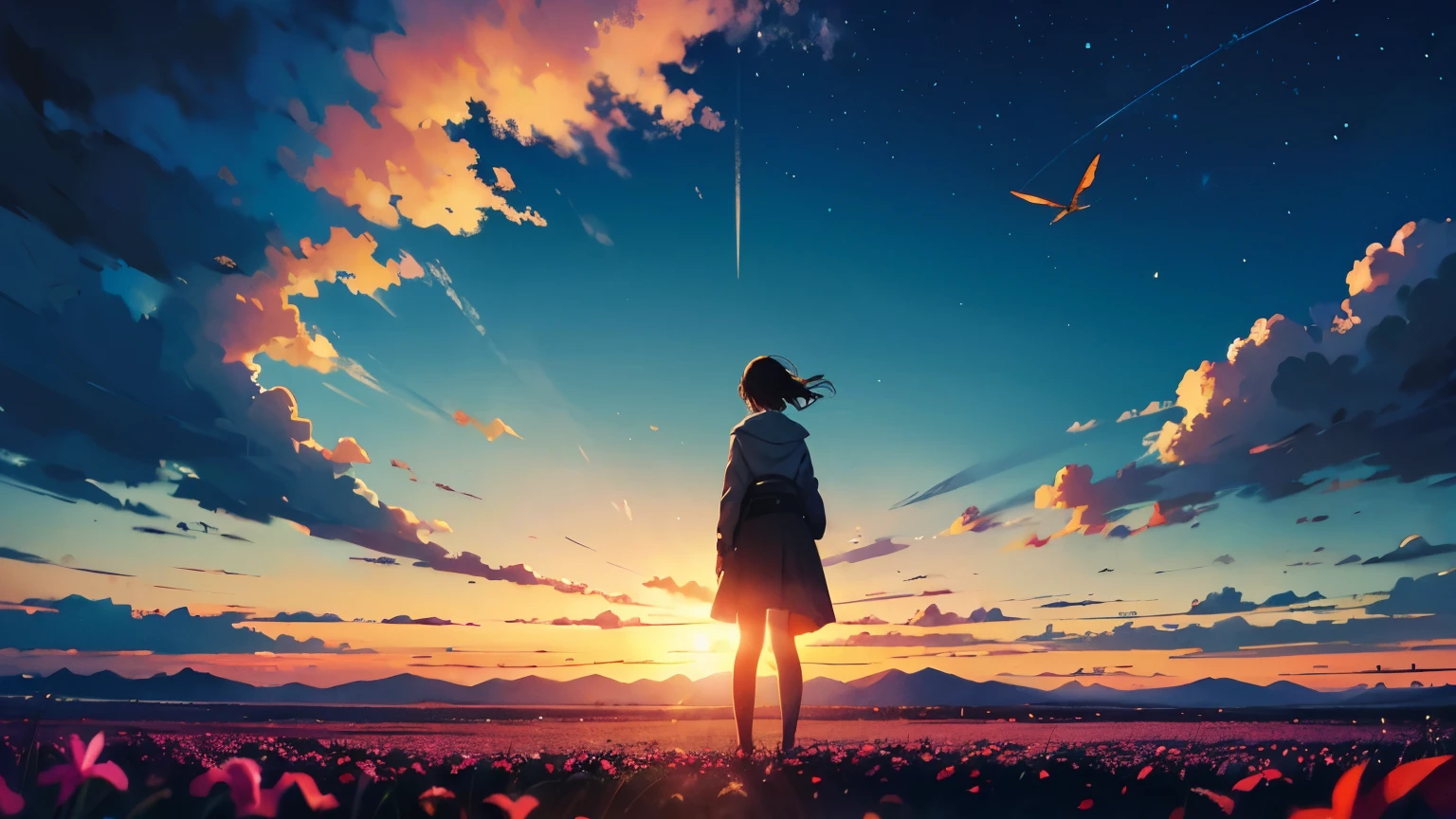 High resolution, highest quality, Super detailed, makoto shinkai, vast landscape photography , (view from below,Shows the sky above and below), A girl standing in a flower field and looking up, Tree BREAK production art, (daytime sky:1.2), (fire Fly:1.2), grassland, horizontal line, spring atmosphere, horizontal lineに続く一本道