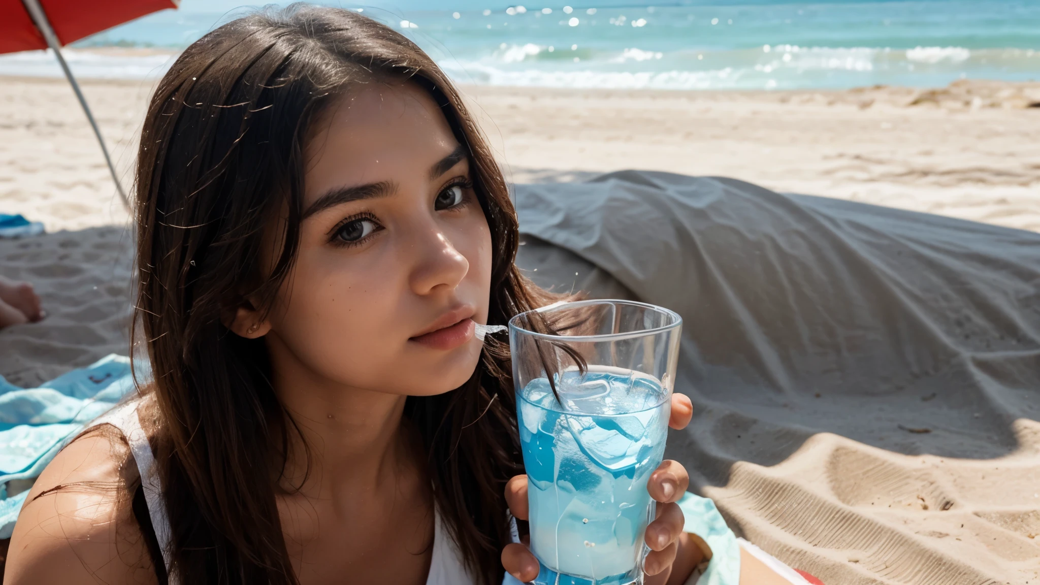 image with young beautiful girl drinking a glass of water on the beach on hot sunny summer heatwave day,close up