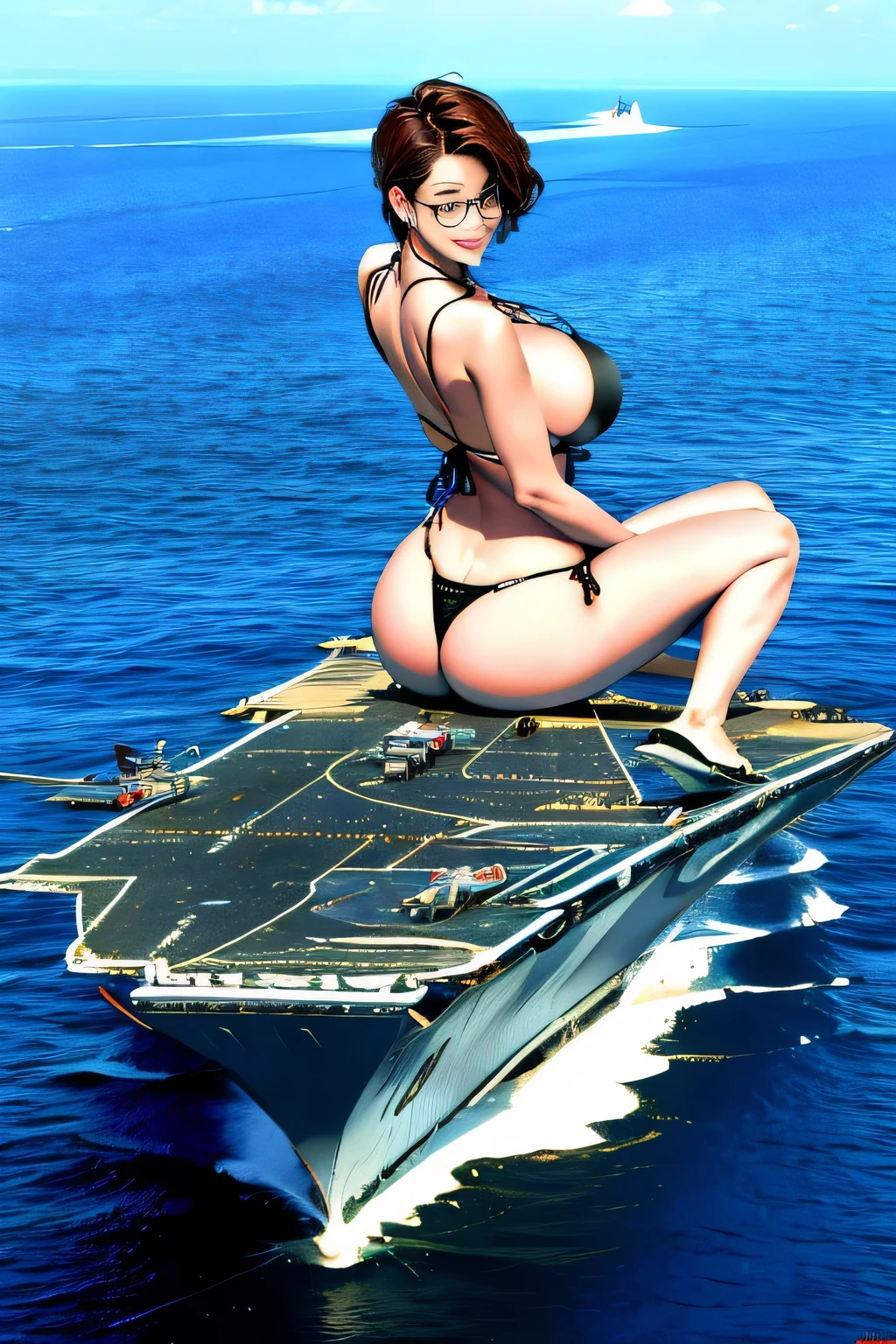 Giant娘 art, 非常に詳細なGiantショット, Giant, short hair, Giant woman bigger than a skyscraper, wearing rimless glasses, big breasts, big ass, bikini swimwear, Play with micro aircraft carriers and battleships in the land of dwarfs., full body description, ＧＴＳ, giga Giant娘, Giant娘, crashed warship, small warship, micro warship, High resolution, highest quality, masterpiece, 