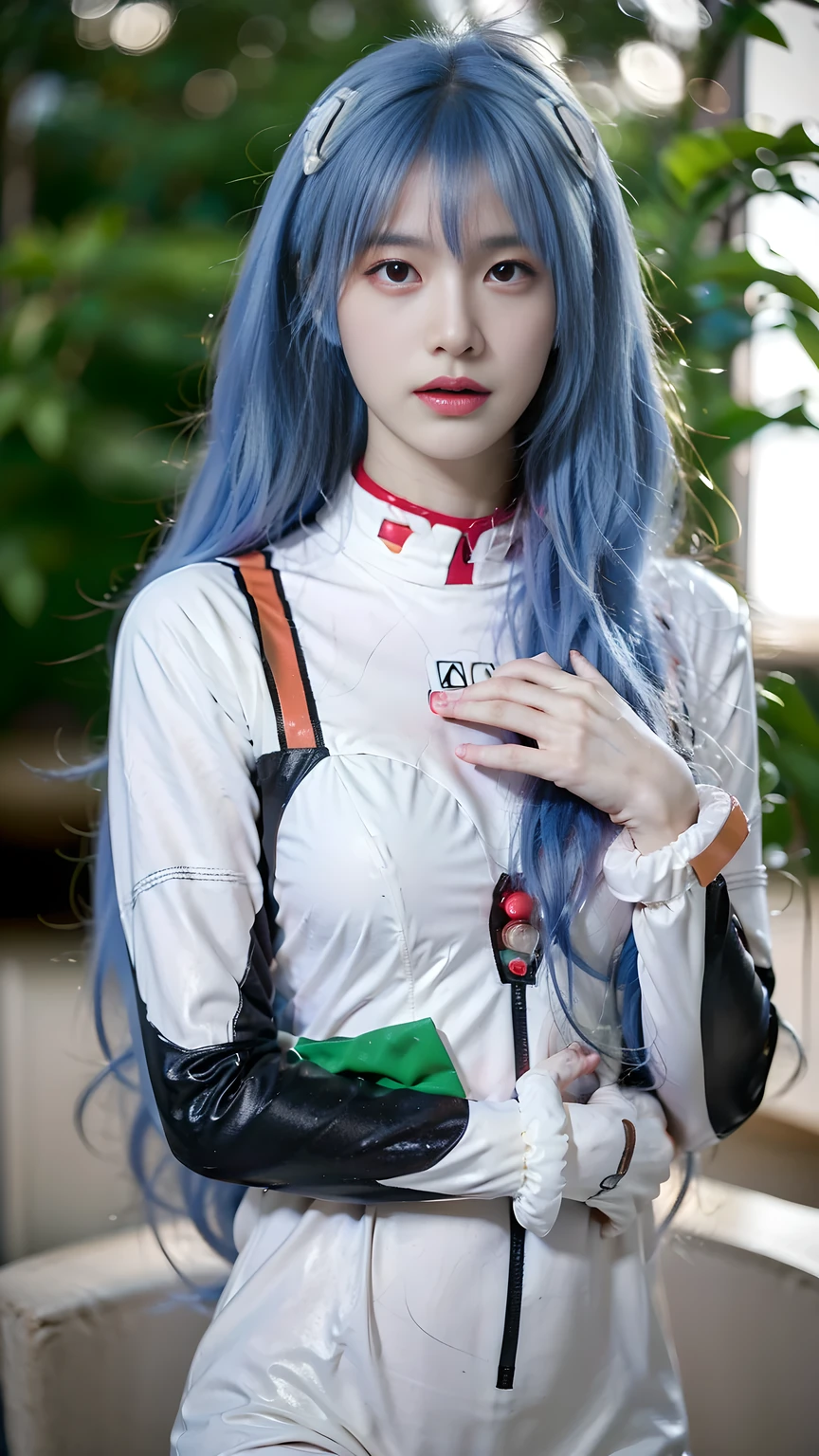 best quality, natural lighting, masterpiece, 1 girl, perfect beautiful face, (photo photo:1.3), edge lighting, photography lighting, (high detail skin:1.2), 8k ultra hd, DSLR, high quality, high resolution, white skin, detailed textured skin, 3/4 body in frame,  posing, poker face, close-lip, perfect propotion face, symetric face, eye level shot, 4k, 8k, bokeh, absurd, best ratio four fingers and one thumb, (realistic:1.3), beautiful detailed girl, cute 1girl, long hair, bangs, volume hairs, collosal-breast, full looking , projecting , slim waist, slender, small thighs, perfectly proportion, scenery background, detailed background, trees, clouds, ayanami_cosplay_costume, plugsuit, blue hair, ayanami rei, pilot suit, cosplay, long hair, interface headset, hairpods, gloves, bracer, skin tight
