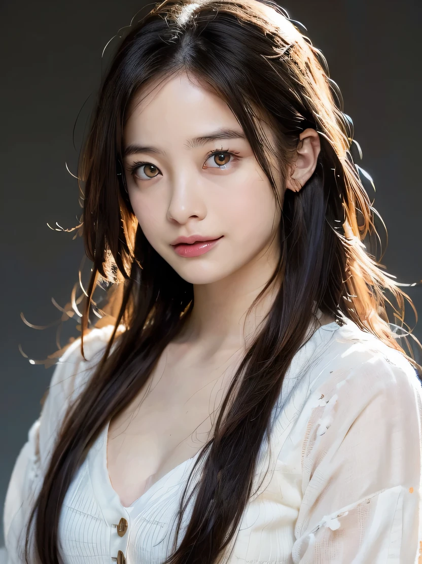 high quality、High resolution、masterpiece、photograph、RAWphotograph、cinematic lighting、Photorealistic portrait of stunningly beautiful woman、high contrast、High chroma、highly detailed brown eyes、Detailed and symmetrical realistic face、Highly detailed natural texture、peach fluff、Disheveled black hair、Accurate、Are you okay、Highly colored、Super realistic texture、dramatic lighting、vision、smile、Button shirts and skirts、Japanese town、detailed hand drawn