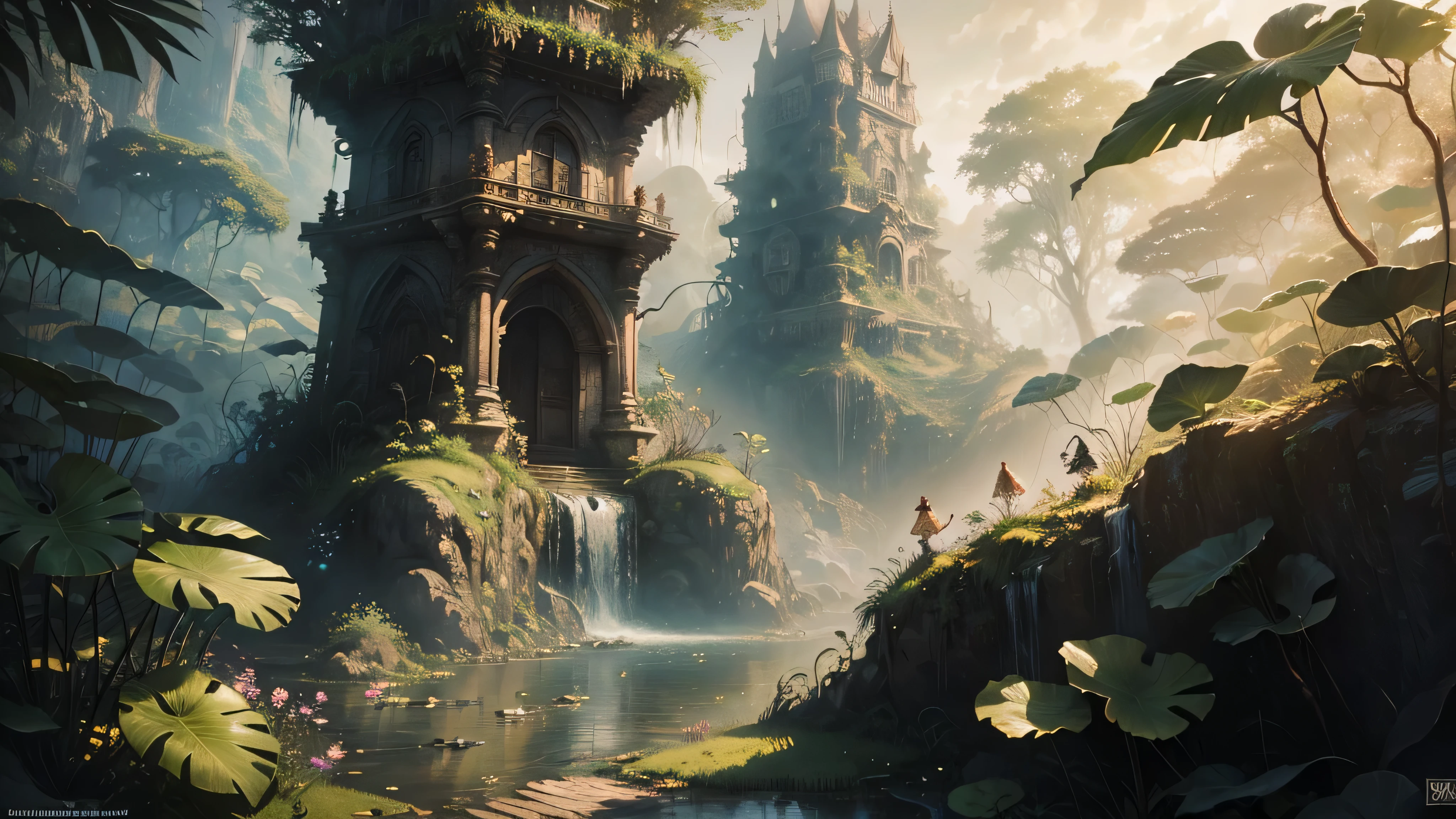 There is a waterfall in the middle of a tropical jungle, bela fantasia detalhada, fantasia altamente detalhada, fantasy scenic, arte digital de fantasia detalhada, Arte digital de fantasia 2D, arte digital detalhada de fantasia 2D, impressive paisagem de fantasia, fantasy pictorial style, arte estilo fantasia, medieval paisagem de fantasia, paisagem de fantasia, realistic fantasy illustration, Arte de fantasia 4k, cidade de fantasia