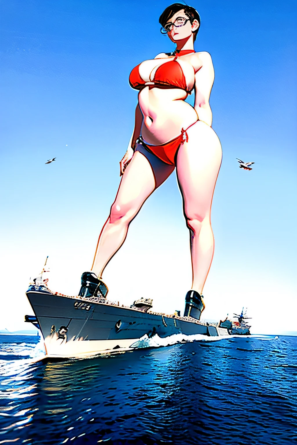 Giant娘 art, 非常に詳細なGiantショット, Giant, short hair, Giant woman bigger than a skyscraper, wearing rimless glasses, big breasts, big ass, bikini swimwear, Play with micro aircraft carriers and battleships in the land of dwarfs., full body description, GTS, giga Giant娘, Giant娘, crashed warship, small warship, micro warship, High resolution, highest quality, masterpiece,