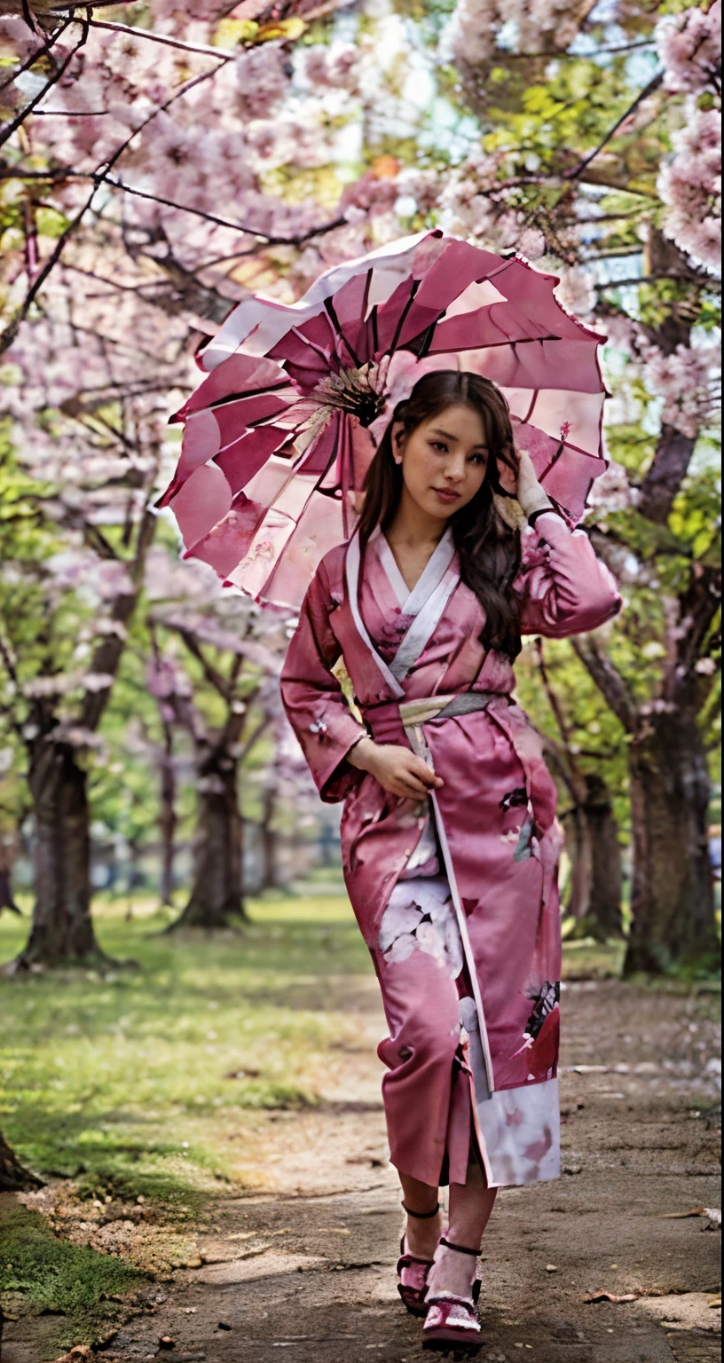 (realistic,photorealistic:1.37),21-year-old woman,  standing under blooming cherry blossoms, delicate cherry blossom petals falling around her, soft and natural lighting, capturing the serene beauty of the moment, vivid colors, intricate floral patterns on the kimono, detailed facial features, natural-looking skin, impeccable attention to detail, creating a masterpiece of realistic art