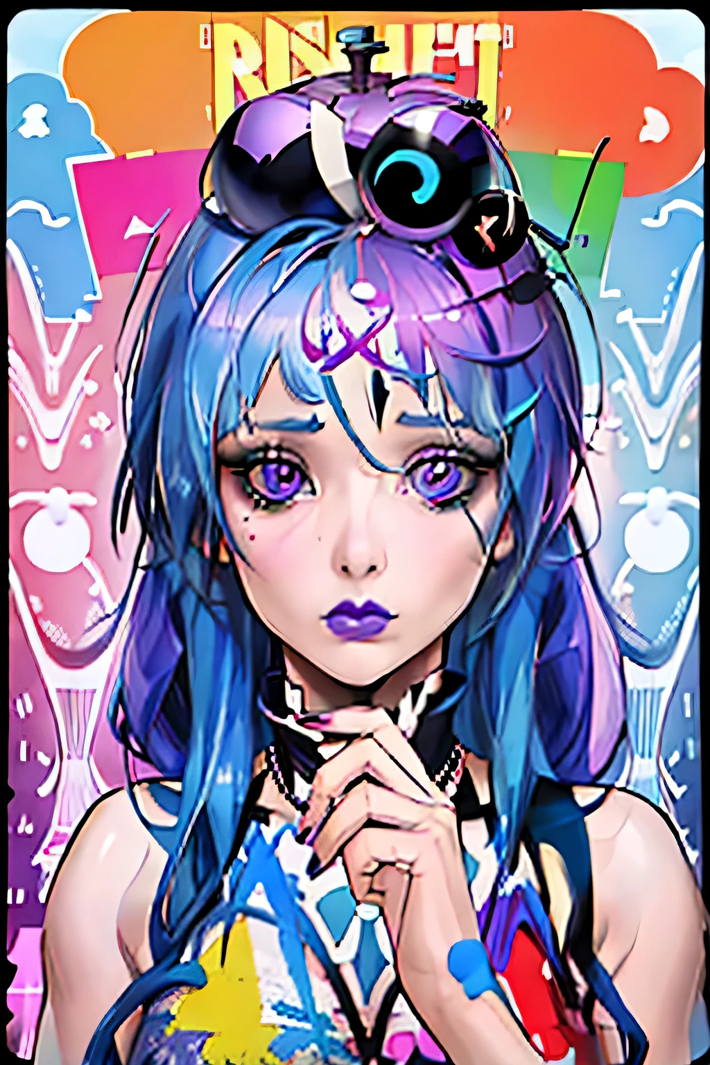 there is a woman with a blue hair and a question mark on her head, lowbrow pop art style, pop art surrealism, confused expression, in style of digital illustration, violet polsangi pop art, avant garde pop art, digital art. @mariomaniacdude, random artist, stylized digital illustration, no background, ultra surrealism