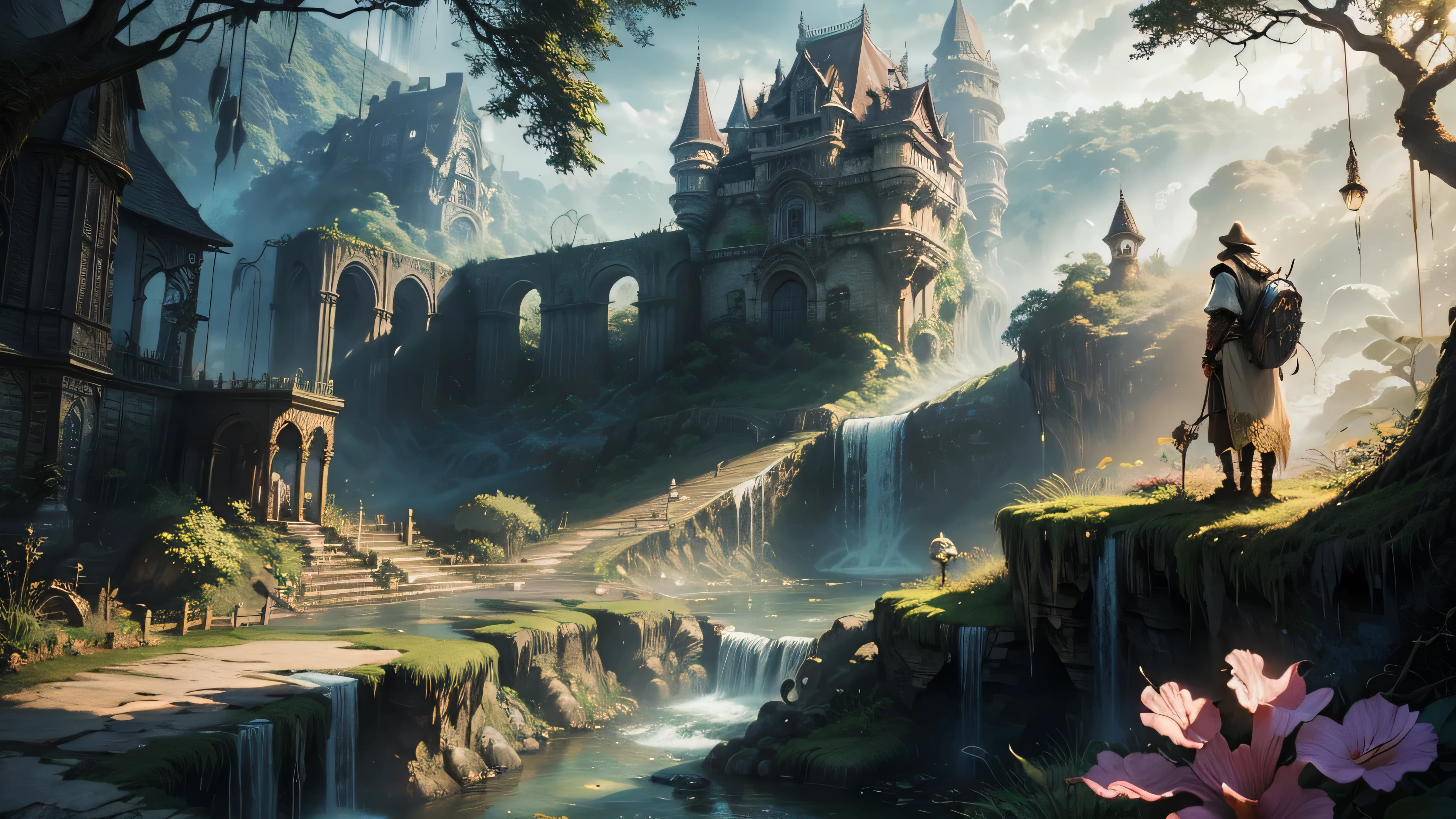 There is a waterfall in the middle of a tropical jungle, bela fantasia detalhada, fantasia altamente detalhada, fantasy scenic, arte digital de fantasia detalhada, Arte digital de fantasia 2D, arte digital detalhada de fantasia 2D, impressive paisagem de fantasia, fantasy pictorial style, arte estilo fantasia, medieval paisagem de fantasia, paisagem de fantasia, realistic fantasy illustration, Arte de fantasia 4k, cidade de fantasia