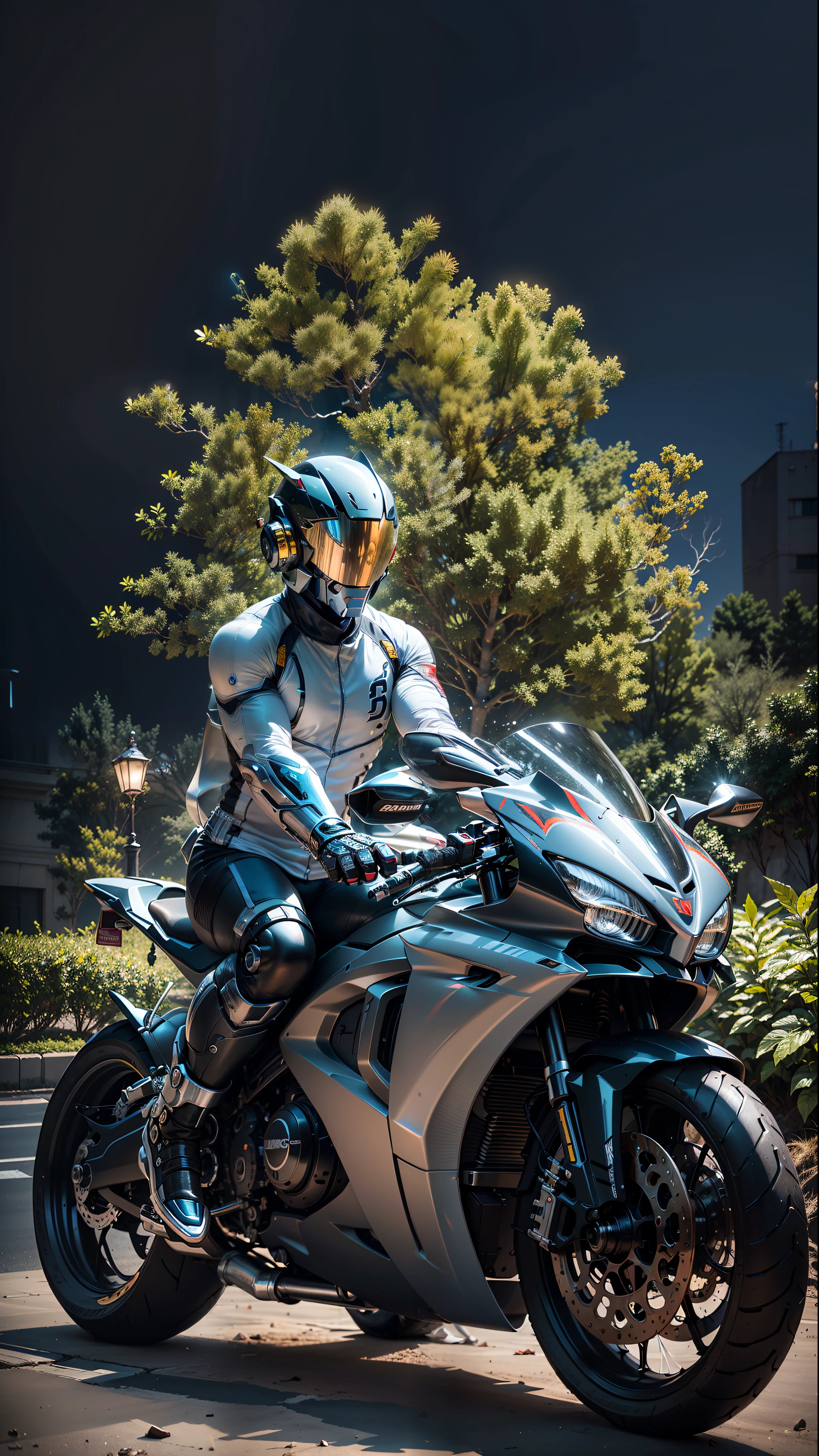 Cyber Man Warrior and Cyber Mechanical Motorcycle, Nousr, Biomechanics, MSHN Robot Man, high-tech helmet, surreal, steel, intricate design, crazy details, fine details, extremely clear lines, cinematic lighting, photo realistic, detailed masterpiece