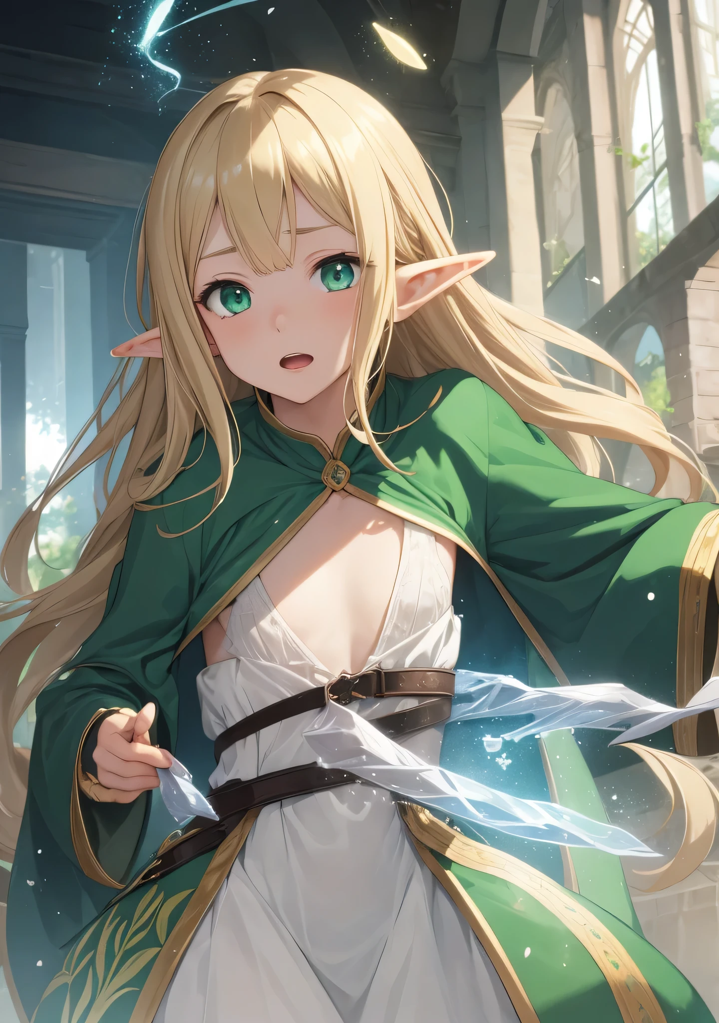 ((8K,  masterpiece, highest quality, super detailed)), anime, fantasy, 
1 girl, alone, woman ,
cute, cute顔, small face, (blonde hair), long hair, bangs, side lock ,small breasts,
goblin, pointed ears, summoner,
break,
(green eyes), Green cloth, green robe, 
(particles of light:1.2), (magic, magic circle, cast a spell), 
wince, (open your mouth:0.7), 
looking at the viewer, 