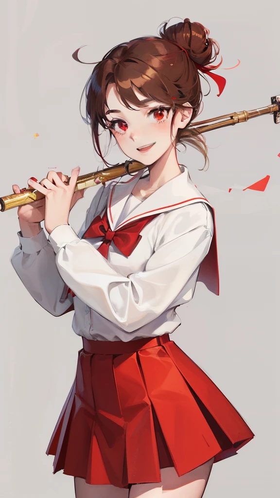 One woman, smiling cheerfully, red eyes, brown hair tied up in a high bun. Facing the camera, dressed in a school uniform, wearing a white long-sleeved shirt. The outer shirt is red with a red bow on the chest. red short skirt Playing the flute in hand holding flute