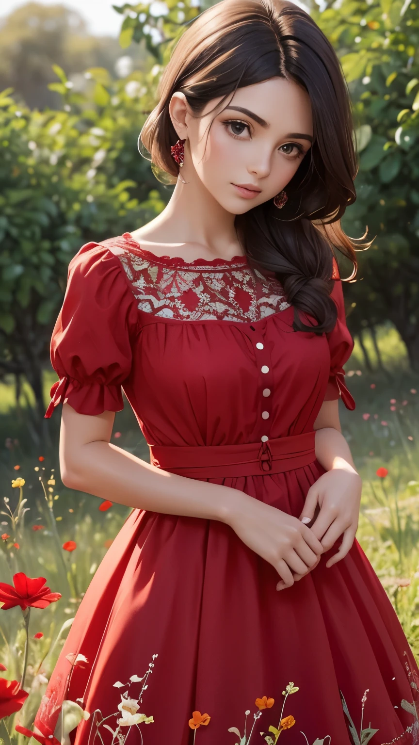 Mujer vestido rojo, tonos primaverales, mariposas, campo radiante.