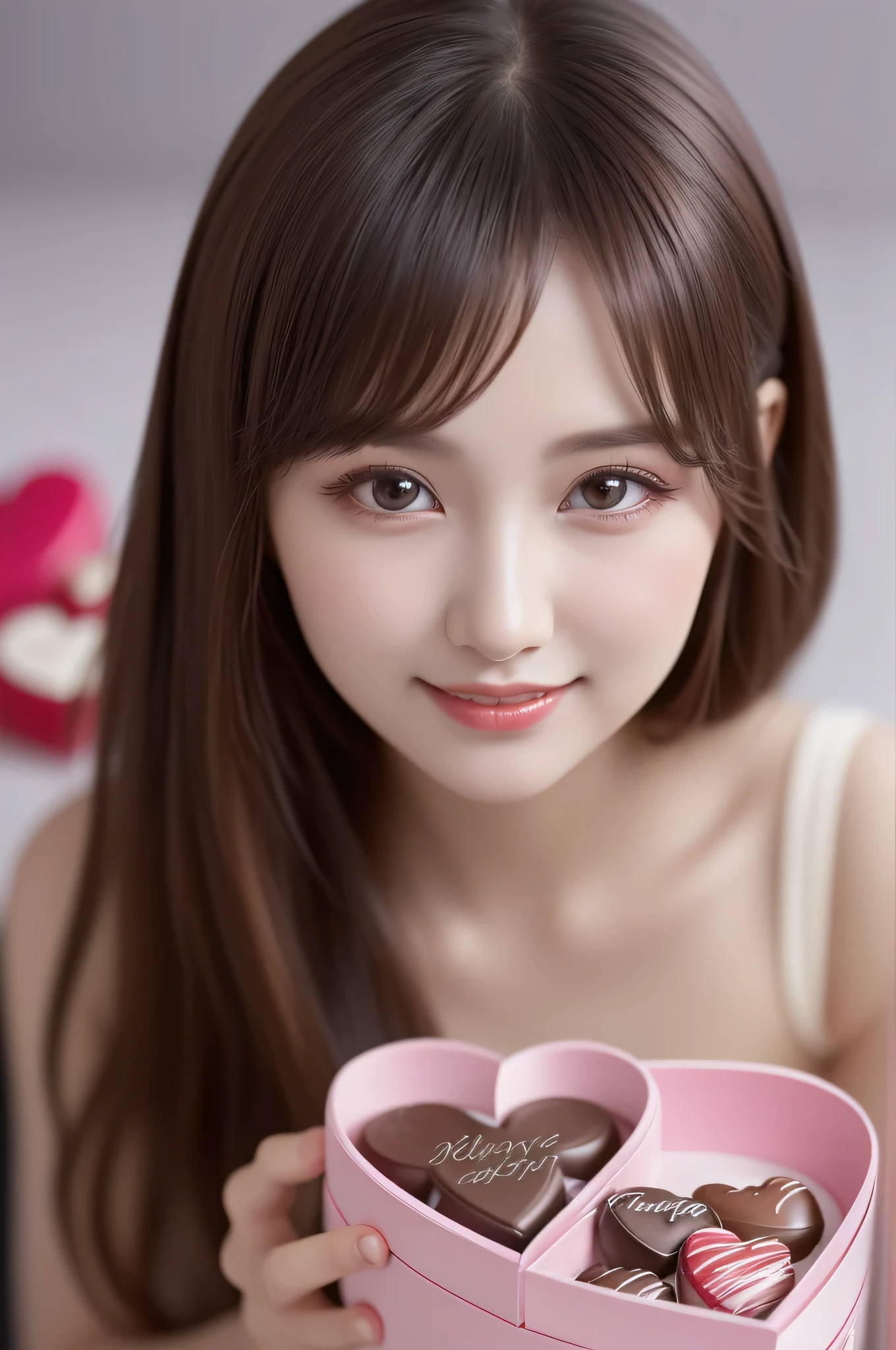 1 girl, laugh shyly, (big round eyes:1.15), (Highly detailed beautiful face), (highest quality:1.4), 8k wallpaper that integrates high-definition CG, RAW photo, professional photos, cinematic lighting, flower hair ornament, ribbon, (valentine's day, valentine gift, Chocolates in a cute box:1.3), Depth of bounds written,