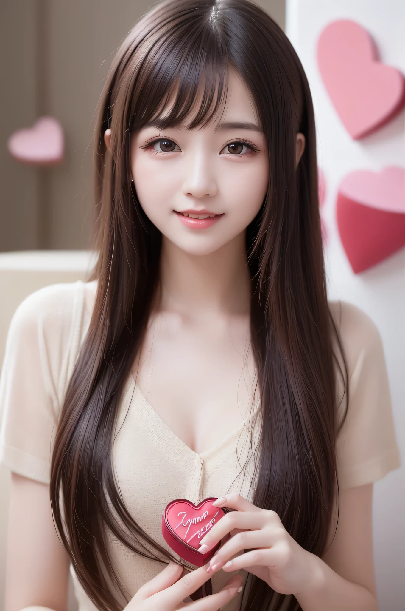 1 girl, laugh shyly, (big round eyes:1.15), (Highly detailed beautiful face), (highest quality:1.4), 8k wallpaper that integrates high-definition CG, RAW photo, professional photos, cinematic lighting, flower hair ornament, ribbon, (valentine's day, valentine gift, Chocolates in a cute box:1.3), Depth of bounds written,