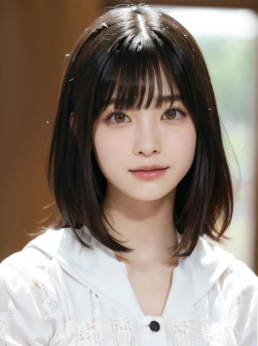 ((masterpiece、highest quality、genuine、Super detailed、High resolution、photogenuineistic、sharp focus、cinematic lighting))、驚くほど美しい女性のphotogenuineisticなポートレート、bust shot、high contrast、High chroma、detailed brown eyes、左右対称なgenuineな顔、Highly detailed natural texture、Disheveled black hair、Accurate、Are you okay、Highly colored、超genuineな質感、view audience、smile、Button shirts and skirts、Japanese town