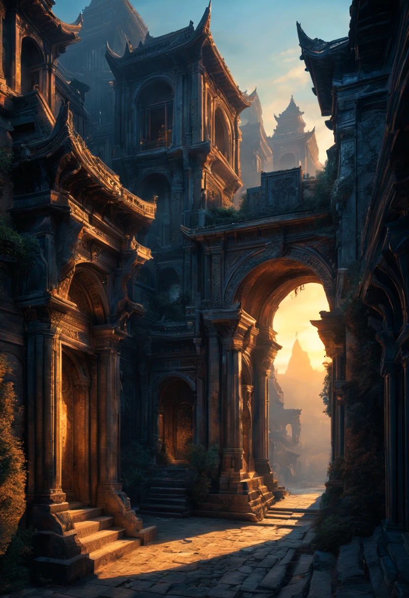    The beauty of subtlety：Ancient city at sunset reveals architectural details，like sculpture、mural or artwork，Highly detailed digital art that gives you a deeper appreciation for the beauty of the ancient city， Fantasy art master&#39;s works are super detailed、Exquisite and beautiful、masterpiece、Quality content is very detailed