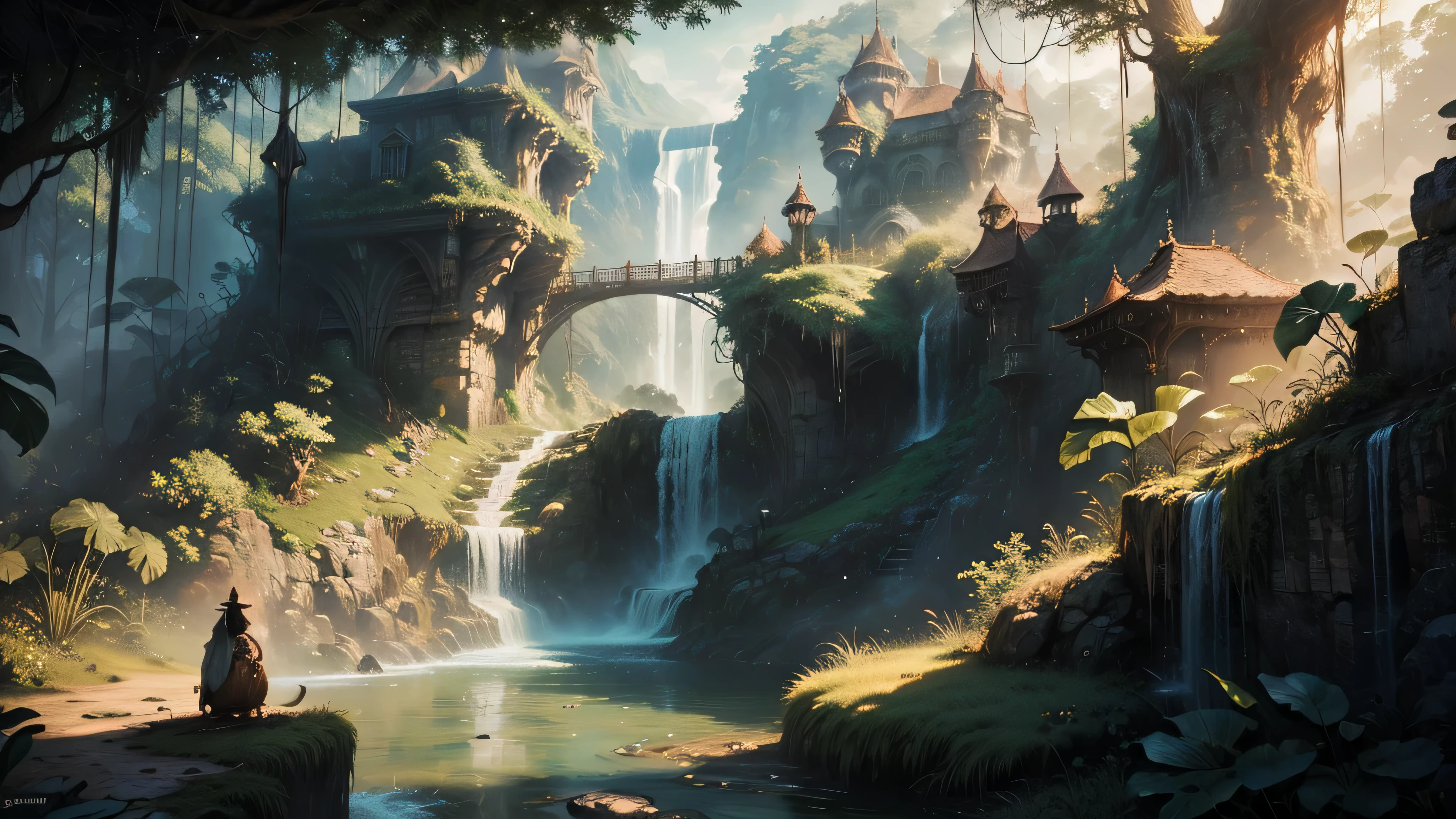 There is a waterfall in the middle of a tropical jungle, bela fantasia detalhada, fantasia altamente detalhada, fantasy scenic, arte digital de fantasia detalhada, Arte digital de fantasia 2D, arte digital detalhada de fantasia 2D, impressive paisagem de fantasia, fantasy pictorial style, arte estilo fantasia, medieval paisagem de fantasia, paisagem de fantasia, realistic fantasy illustration, Arte de fantasia 4k, cidade de fantasia