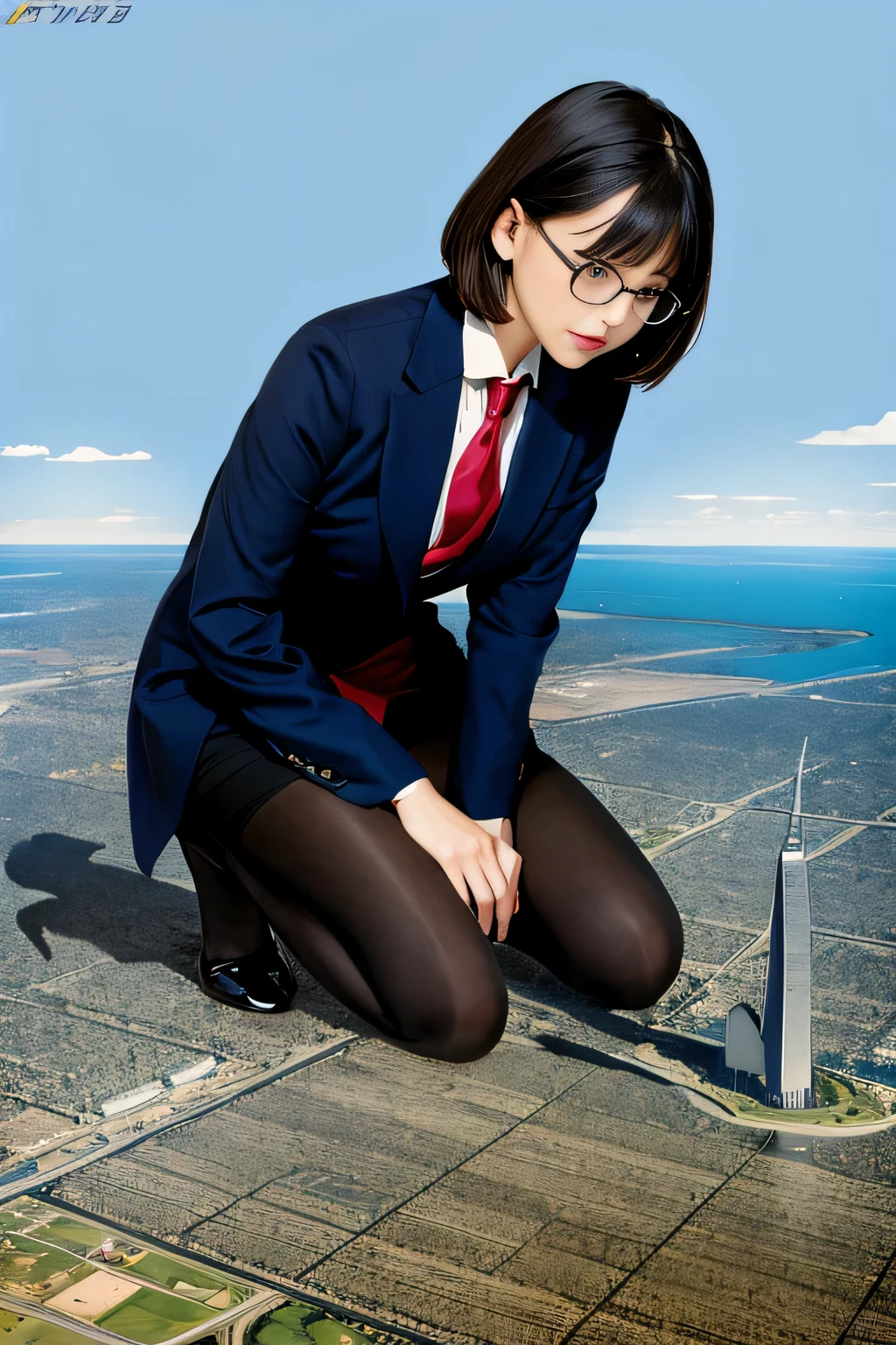 Giantの芸術, surreal high school girl, 非常に詳細なGiantショット, Giant, short hair, black pantyhose, a huge high school girl、&#39;It&#39;s much bigger than a skyscraper, wearing rimless glasses, big breasts, navy blue blazer, red tie, mini length skirt, black pantyhose, Don't wear shoes., very small metropolis, miniature metropolis, 足元までの高さしかないminiature metropolisで、squatting and urinating, The city is a sea of urine, tsunami of urine, Small trains and cars are washed away with urine., full body description, ＧＴＳ, ギガGiant, black pantyhose, Pantyhose legs, Pantyhose feet, ,Stomping City,crash city,Small town,micro city, Pee, High resolution, highest quality, masterpiece, 