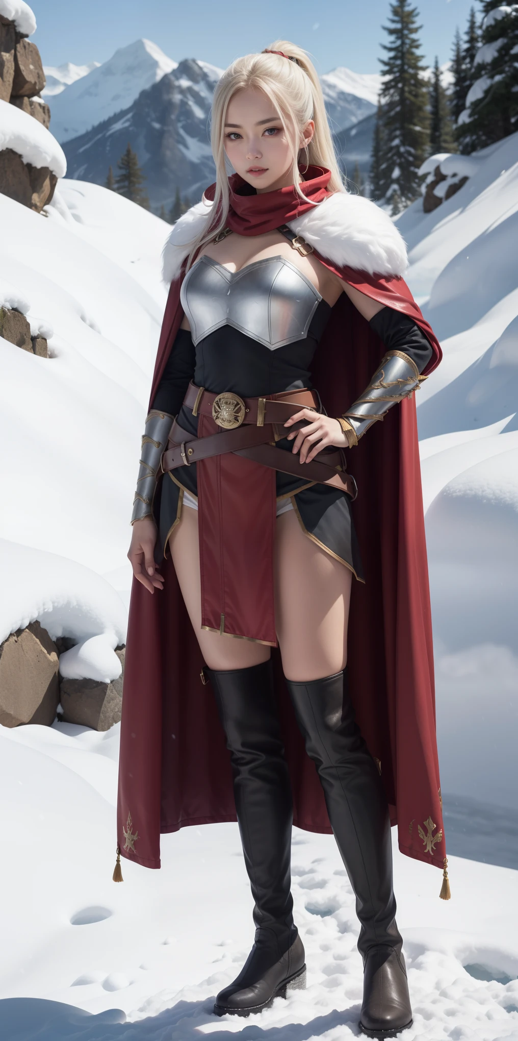 (RAW photo), (huge breasts:1.0), (sharp focus: 1.5), (ultra detailed), (intricate details), (shiny skin:1.5), (oil skin:1.0), (best quality, highres, high resolution:1.5), (full body portrait:1.5), (photorealistic: 1.37), (ultra realistic,32k), (high detailed skin:1.1),(high quality:1.1), 超A high resolution、An ultra-high picture quality、8K、Detailed detailarvelous expression、girl of steel、Cyborg girl、slender physique、long blonde hair、wearing red metal armor、With a big sword、Run briskly、Pretty smile、mountain meadow landscape, ((tight hips:1.5)),