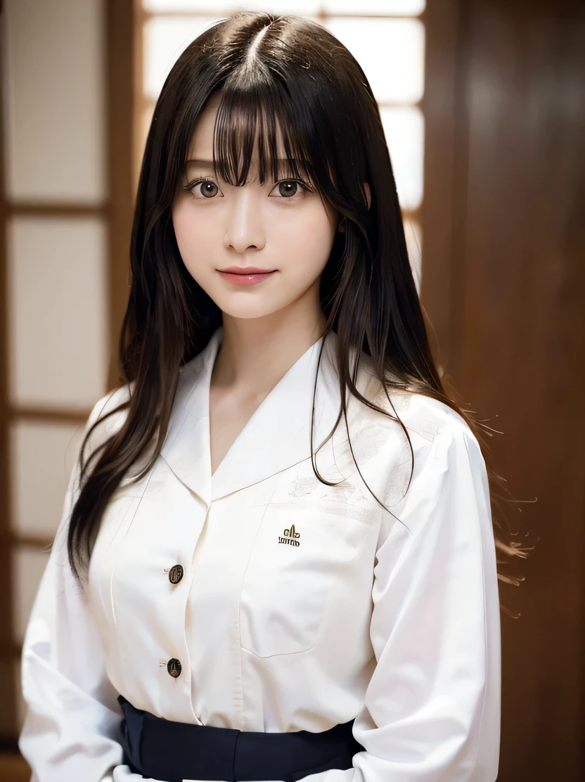 ((masterpiece、highest quality、genuine、Super detailed、High resolution、photogenuineistic、sharp focus、cinematic lighting))、驚くほど美しい女性のphotogenuineisticなポートレート、bust shot、high contrast、High chroma、detailed brown eyes、左右対称なgenuineな顔、Highly detailed natural texture、Disheveled black hair、Accurate、Are you okay、Highly colored、超genuineな質感、view audience、smile、Button shirts and skirts、Japanese town、((detailed hand drawn))