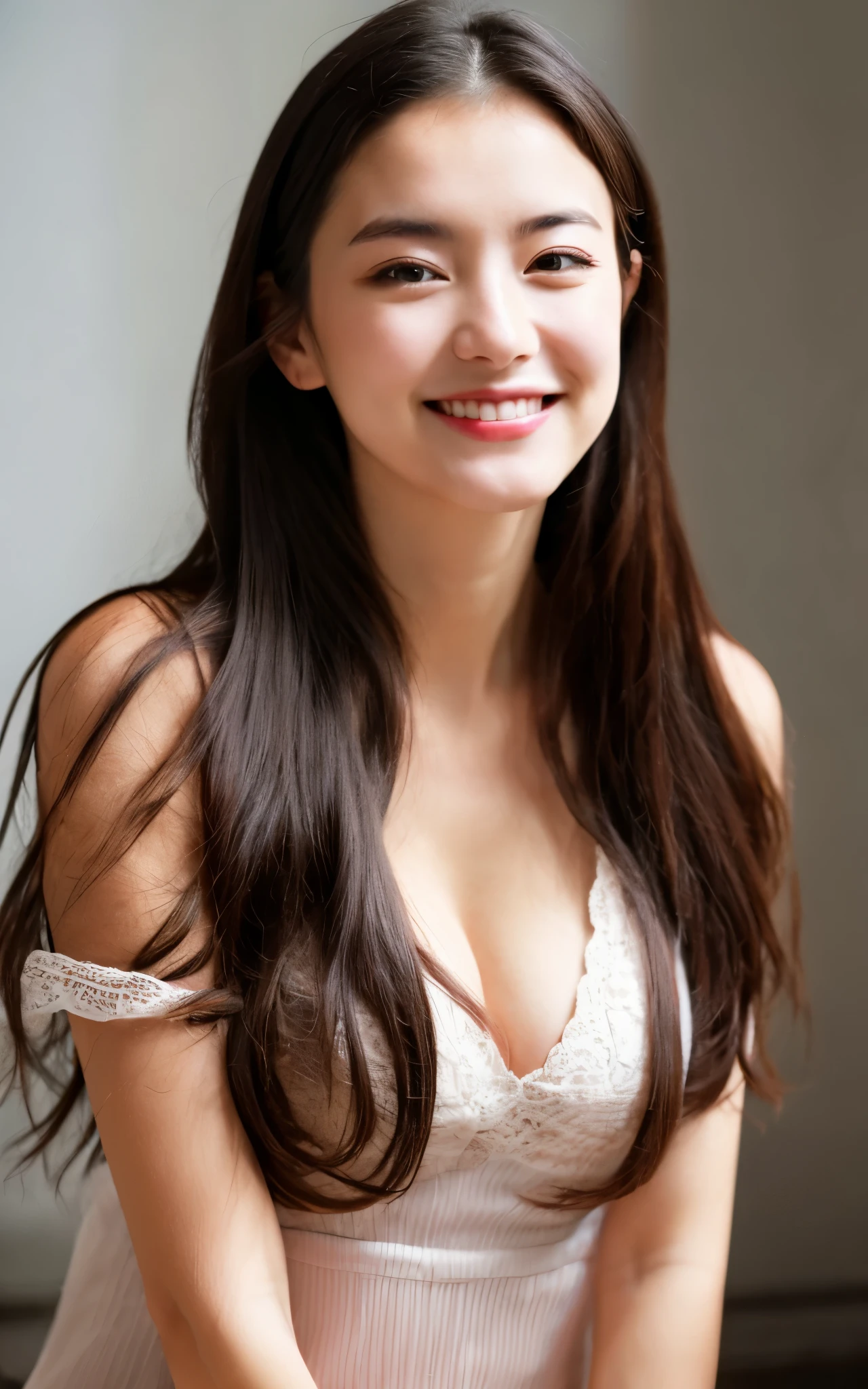 nice images,clear focus,perfect brown eyes,bright red lips,long hair,Home,Look head-on,full pose,wonderful faces..,It looks beautiful。,(((White hollow sexy underwear))),((charming smile)),extra focus,Radiant face,facial details,8K resolution,