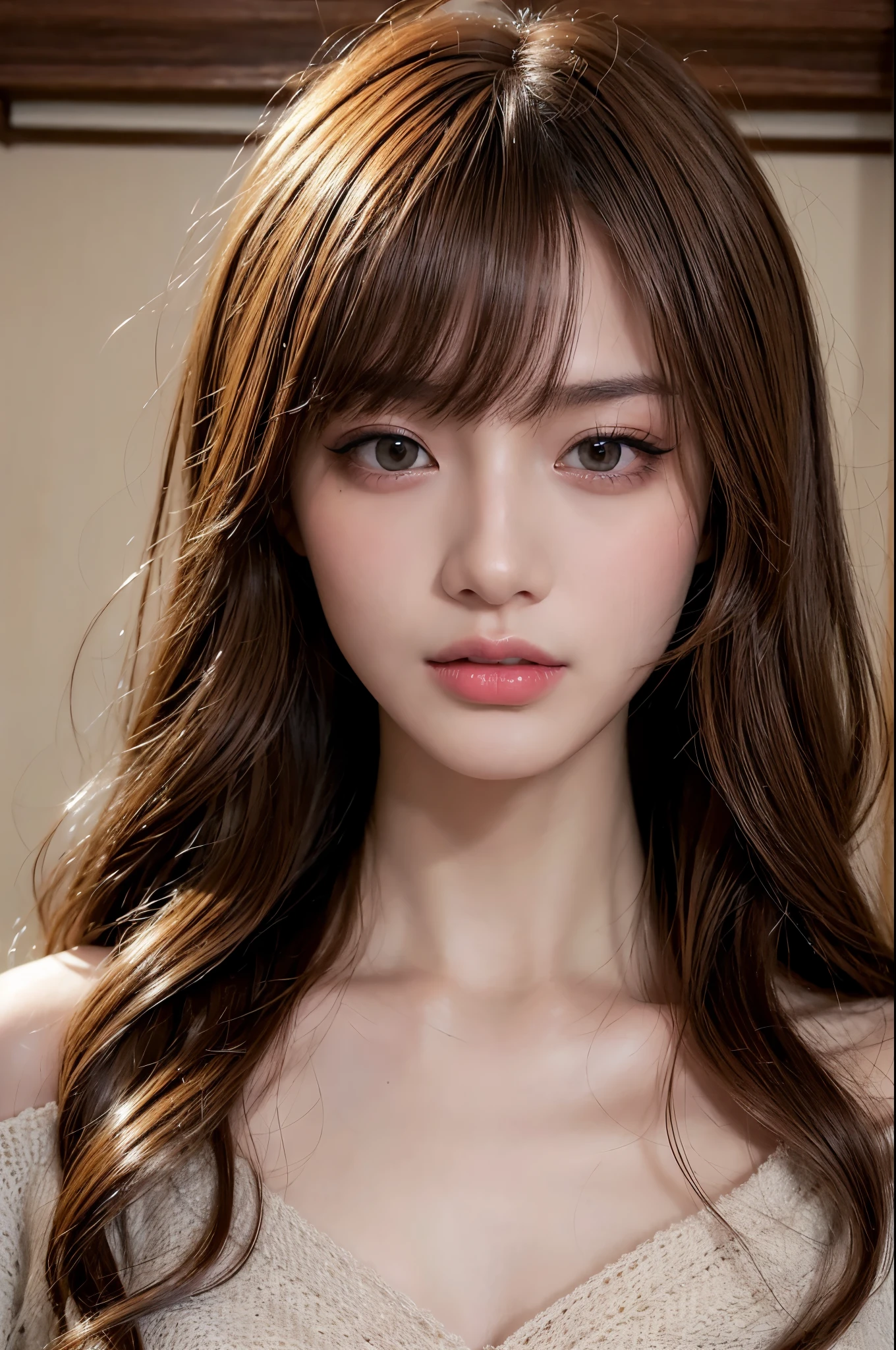 ((highest quality, 8K, masterpiece :1.3)), Japan woman with very beautiful face, alone, slender(height 170cm), realistic skin, realistic face, wild, bossy,, long hair of caramel color, , Excited, provocative, ecstasy, looking at camera, sealing, (parted lips) ,cow boy shot, wearing a knit dress、model pose、