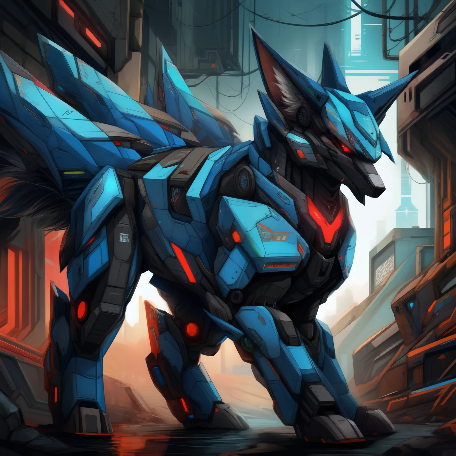 solo, fox, male, blue mech, feral, quadrupedal, fox mech, nine tails, red eyes, cyberpunk theme, uploaded on e621,