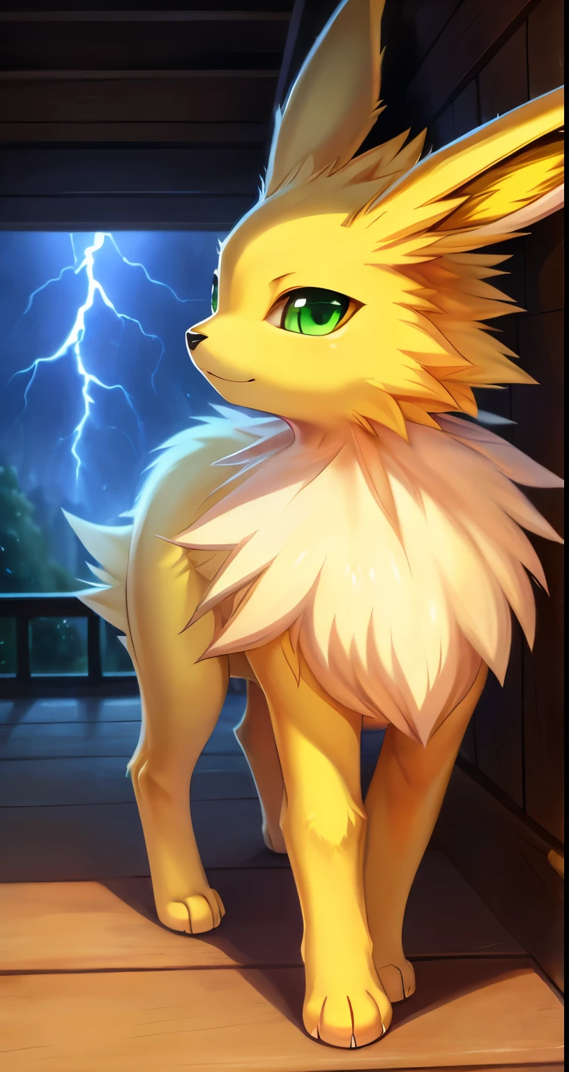 by Issac Levitan, by Rumiko Takahashi, by Ephraim Moses Lilien, by Hioshiru, by Glacierclear, solo chibi, (quadruped feral:1.4), ((Jolteon)) with ((yellow body)) and ((clear green eyes)) and ((neck tuft)), (detailed Jolteon), ((detailed fluffy fur)), (three-quarter portrait, looking at viewer, side view, [high-angle view]:1.2), BREAK, (detailed background, depth of field, half body shadow, sunlight, ambient light on the body), (intricate:0.7), (high detail:1.2), (unreal engine:1.3), (sharp focus:1.1), [explicit content, questionable content], (masterpiece, best quality, 4k, 2k, shaded, absurd res), raining, thunder, ((lightning))