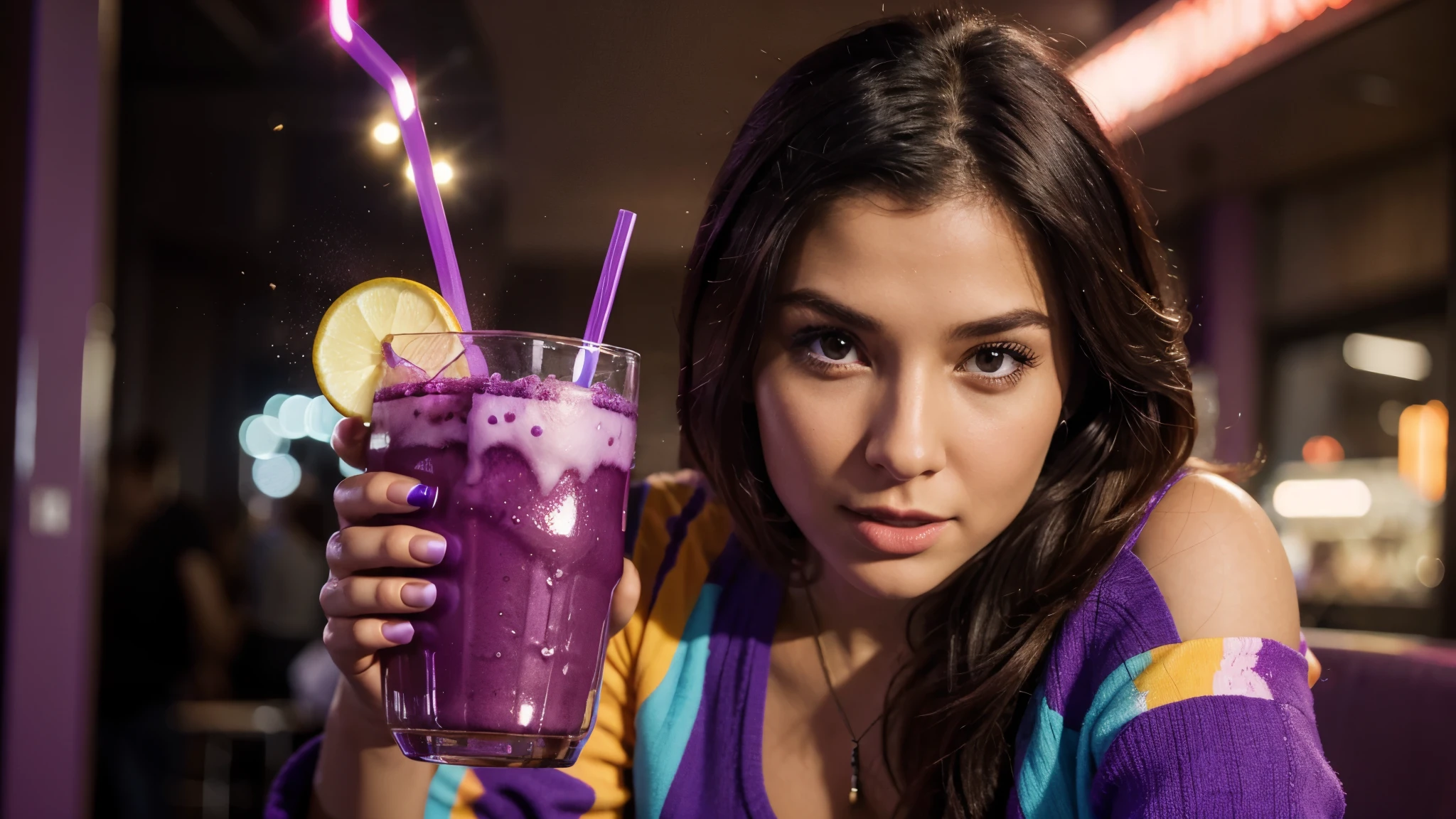 close up of young woman drinking vibrant glowing purple drink, in the style of a product hero shot in motion, dynamic magazine ad image, photorealism.