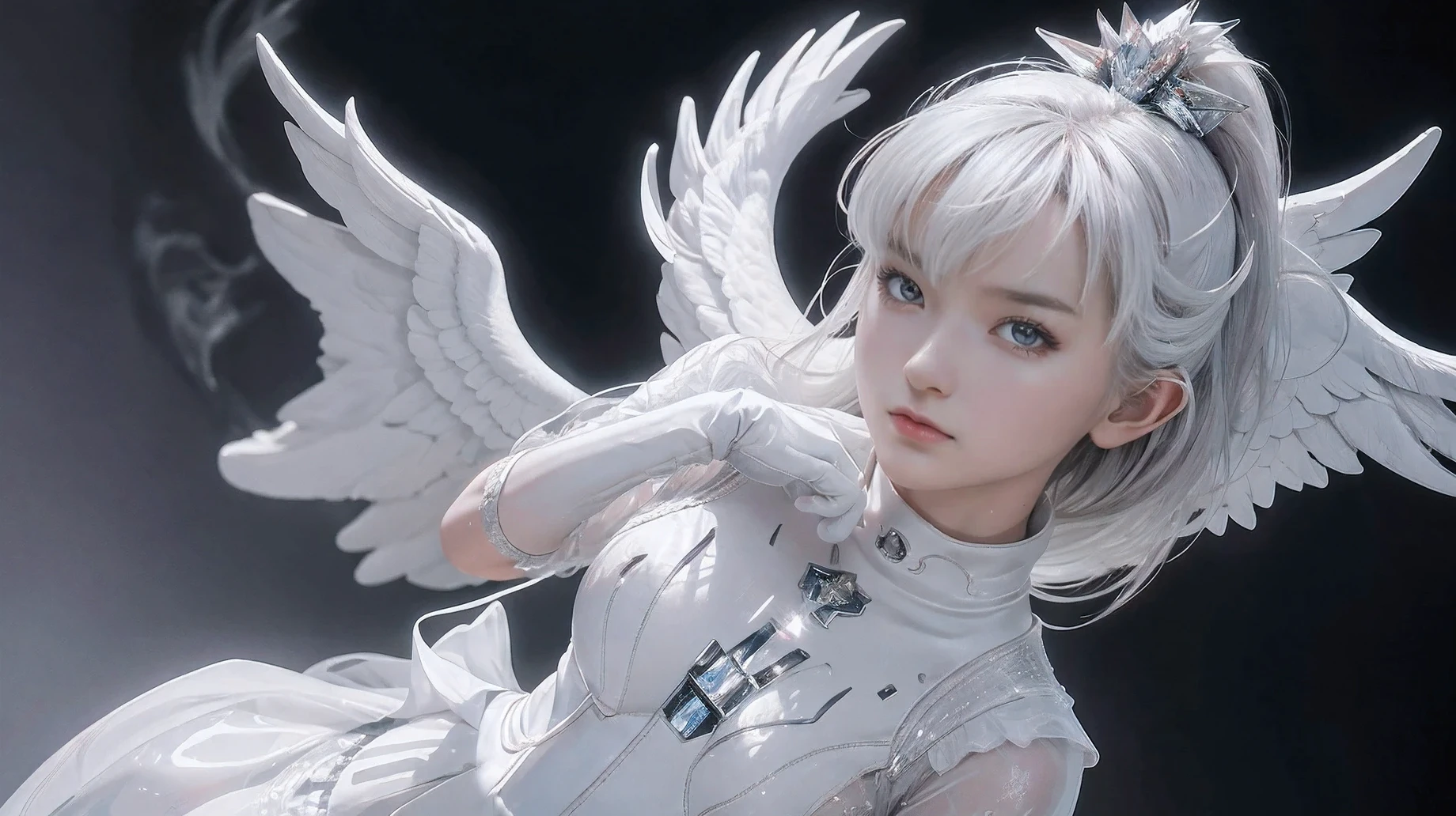 top-quality, masterpiece, A high resolution, (Photorealsitic:1.4), Raw photo, Steampunk Battle Cyborg Angel, large wings made of metal, White porcelain body, Acrylic Clear Cover, white short  hair, glowy skin, 1 steampunk elf, Extremely cute elf race face, very beautiful and feminine, insanley detailed face and eyes, Perfect lips, ((super realistic details)), portlate, globalillumination, Shadow, character edge light,Colossal tits, Raw skin is exposed in cleavage, Details of complex ornaments, Details of the steam engine, Hydraulic cylinder, highly intricate detail, Realistic light, a purple eye, radiant eyes, Facing the camera, cowboy  shot, Futuristic headgear, About steampunk, fantasy art, illustration, masterpiece, digital art, digital art by Yusuke Murata.