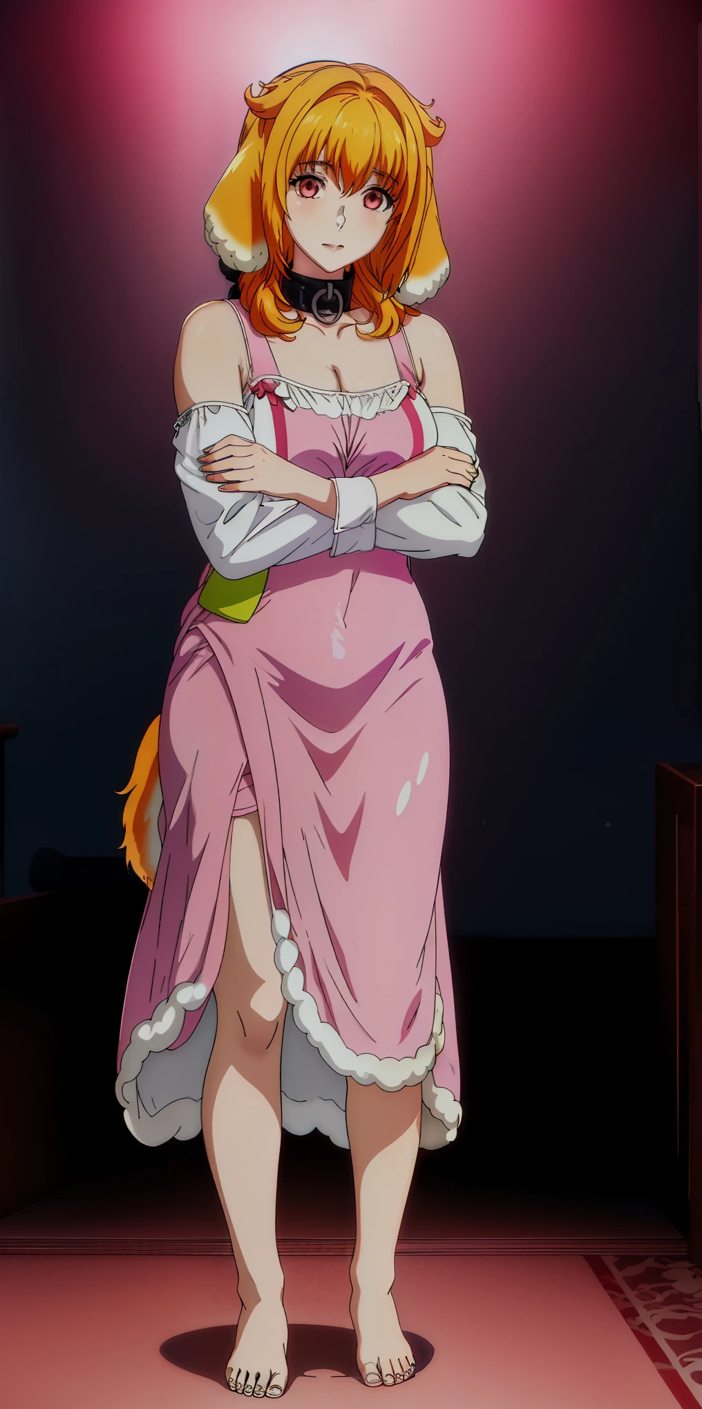 female with dog ears, fluffy ears, pink nightgown, full body, game art, facing camera, perfect eyes