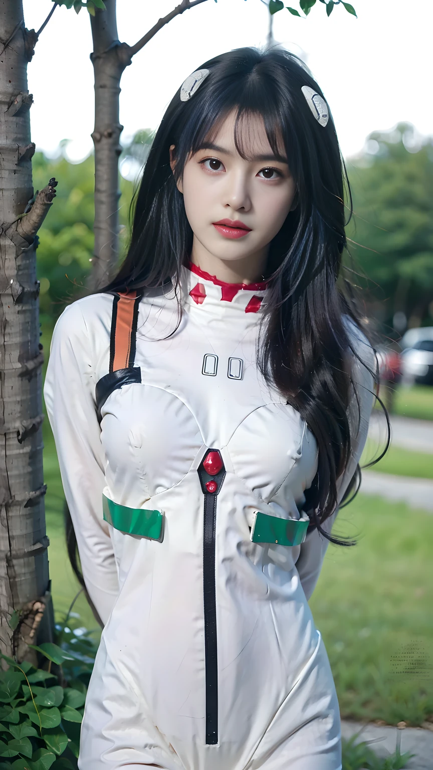 best quality, natural lighting, masterpiece, 1 girl, perfect beautiful face, (photo photo:1.3), edge lighting, photography lighting, (high detail skin:1.2), 8k ultra hd, DSLR, high quality, high resolution, white skin, detailed textured skin, 3/4 body in frame, sexy posing, poker face, close-lip, perfect propotion face, symetric face, eye level shot, 4k, 8k, bokeh, absurd, best ratio four fingers and one thumb, (realistic:1.3), beautiful detailed girl, cute 1girl, long hair, bangs, volume hairs, collosal-breast, full looking breast, projecting breast, slim waist, slender, small thighs, perfectly proportion, scenery background, detailed background, trees, clouds, ayanami_cosplay_costume, plugsuit, blue hair, ayanami rei, pilot suit, cosplay, long hair, interface headset, hairpods, gloves, bracer, skin tight, hands behind back