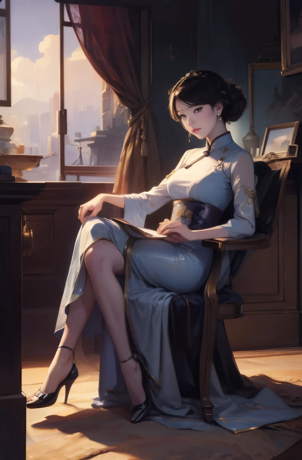 A painting of a beautiful young woman standing quietly, 美しいHongkongの夜景, flower of society, She is wearing an elegant purple cheongsam, Inspired by Chen Yifei, Inspired by Francesco Hayez, Inspired by Hendrik Terbruggen, Jean=Works that influenced Auguste Dominique Ingres, Inspired by Liu Jun, Jean=Works that influenced Auguste Dominique Ingres, highest quality, perfect angle, perfect composition, best shot, official art, cinematic light, figurative art, Beautiful and expressive paintings, Beautiful artwork illustration, wonderful, cool beauty, clear, Mysterious, highest quality, official art, perfect composition,perfect angle, best shot, women only, sharp outline, In the middle of a conspiracy, The face behind the scenes, secret mission, first class agent, special agent, A talented female spy, Spy, SpyX, secret mission, handgun, Eyes without pupils, color eye, ideal anima, melancholy, nostalgia, romantic, 1930s, Hongkong, beautiful cityscape, sepia memories, unforgettable woman, Full body Esbian