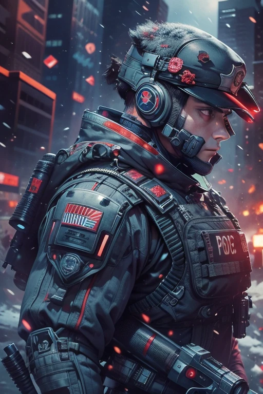 8K artwork , masterpiece , high-level image quality , realistic details , Top-notch image quality , police , Futuristic , Future city , holding a gun ,  Handsome Men , wearing bulletproof vest , The mark is engraved on the body armor. , muscles in the arms and legs , Lots of scars , textured skin , Vivid, bright red eyes , Fierce Snow , full body shot , Jeon Newspaper Shin , police복장