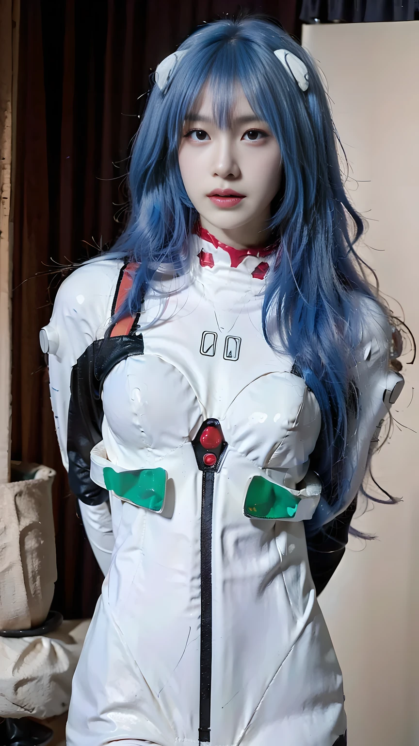 best quality, natural lighting, masterpiece, 1 girl, perfect beautiful face, (photo photo:1.3), edge lighting, photography lighting, (high detail skin:1.2), 8k ultra hd, DSLR, high quality, high resolution, white skin, detailed textured skin, 3/4 body in frame, sexy posing, poker face, close-lip, perfect propotion face, symetric face, eye level shot, 4k, 8k, bokeh, absurd, best ratio four fingers and one thumb, (realistic:1.3), beautiful detailed girl, cute 1girl, long hair, bangs, volume hairs, collosal-breast, full looking breast, projecting breast, slim waist, slender, small thighs, perfectly proportion, scenery background, detailed background, trees, clouds, ayanami_cosplay_costume, plugsuit, blue hair, ayanami rei, pilot suit, cosplay, long hair, interface headset, hairpods, gloves, bracer, skin tight, hands behind back
