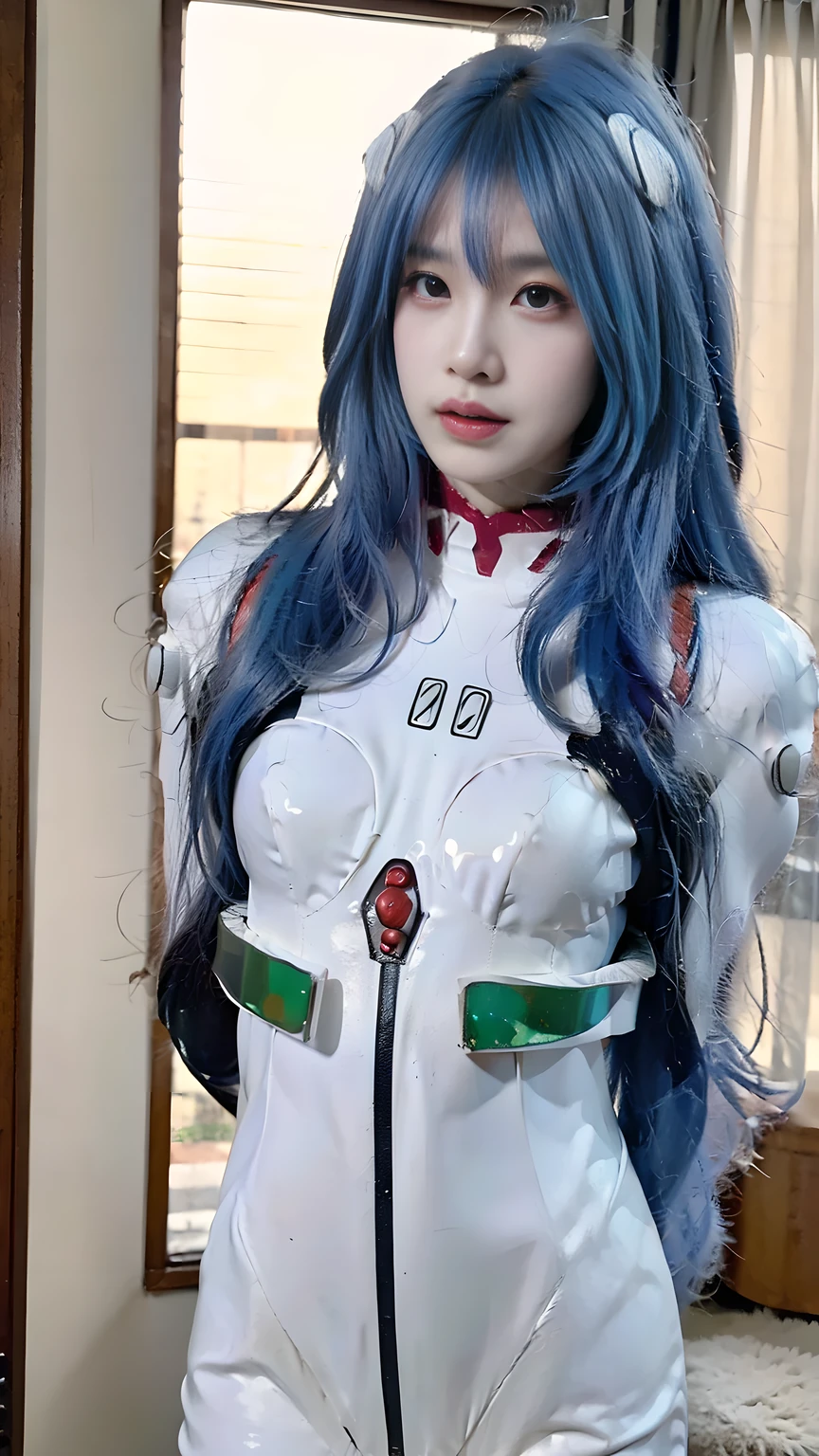 best quality, natural lighting, masterpiece, 1 girl, perfect beautiful face, (photo photo:1.3), edge lighting, photography lighting, (high detail skin:1.2), 8k ultra hd, DSLR, high quality, high resolution, white skin, detailed textured skin, 3/4 body in frame, sexy posing, poker face, close-lip, perfect propotion face, symetric face, eye level shot, 4k, 8k, bokeh, absurd, best ratio four fingers and one thumb, (realistic:1.3), beautiful detailed girl, cute 1girl, long hair, bangs, volume hairs, collosal-breast, full looking breast, projecting breast, slim waist, slender, small thighs, perfectly proportion, scenery background, detailed background, trees, clouds, ayanami_cosplay_costume, plugsuit, blue hair, ayanami rei, pilot suit, cosplay, long hair, interface headset, hairpods, gloves, bracer, skin tight, hands behind back