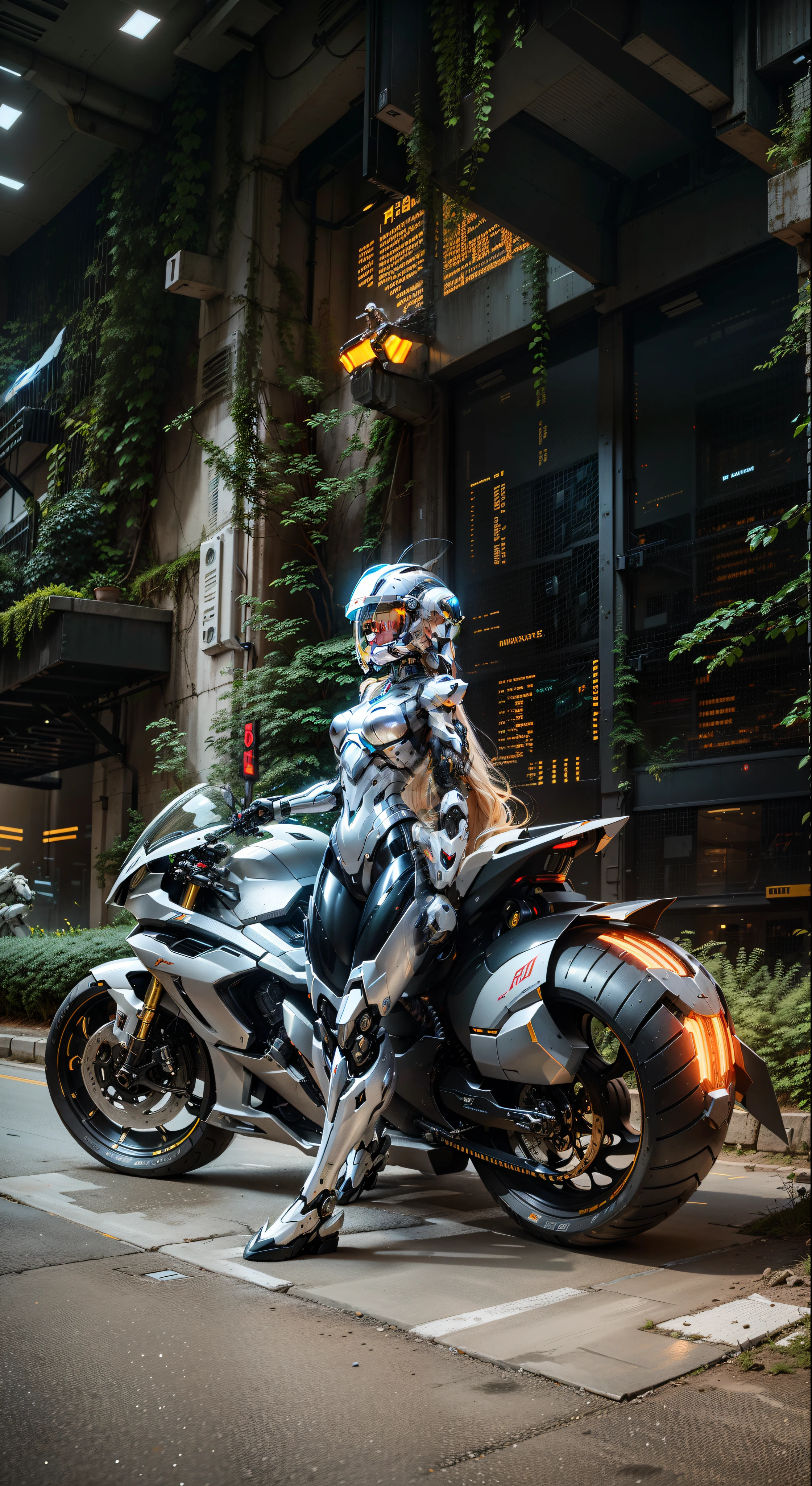 Cute sexy full body mecha of cyber female warrior,Long flowing blonde hair,White tech helmet, BiomechanicSHN robots,High-tech helmet,Hyper Realistic, steel, complex design, Insanely Detailed, Fine detailtremely sharp lines, cinematic Lighting, Photo realistic, A Detailed Masterpiece