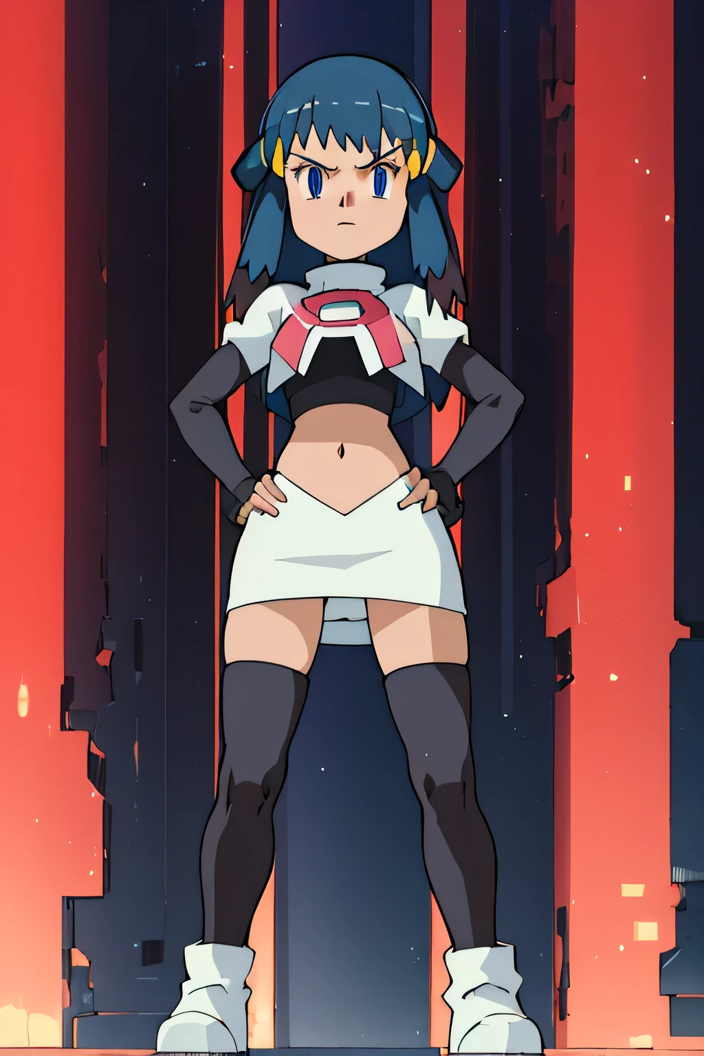 masterpiece, best quality, highres, 1girl, solo, dawn (pokemon),masterpiece, best quality, highres,team rocket uniform, red letter r, white skirt, white crop top, black thigh-high boots, black elbow gloves, glaring angrily, looking down at viewer, hands on hips, full body seen, zettai ryouiki