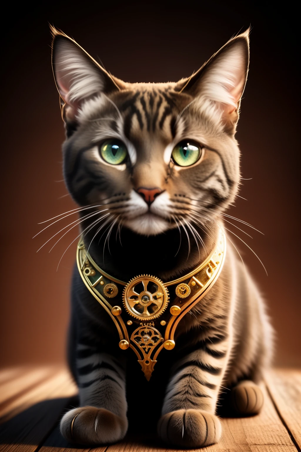 A surreal and hyper-realistic full-body image of a cat, meticulously crafted from intricately interconnected brass gears and cogs of steampunk design, proudly stands atop a weathered wooden table. The vivid red and black background, shrouded in an enchanting haze of mystery, enhances the captivating allure of this wondrous mechanical feline.
As your gaze lingers, the strikingly lifelike cat's piercing, emerald eyes gleam with intelligence, while its whiskers twitch as if in response to unseen stimuli. This mesmerizing creation, rendered in stunning 3D and ultra-HD, bo