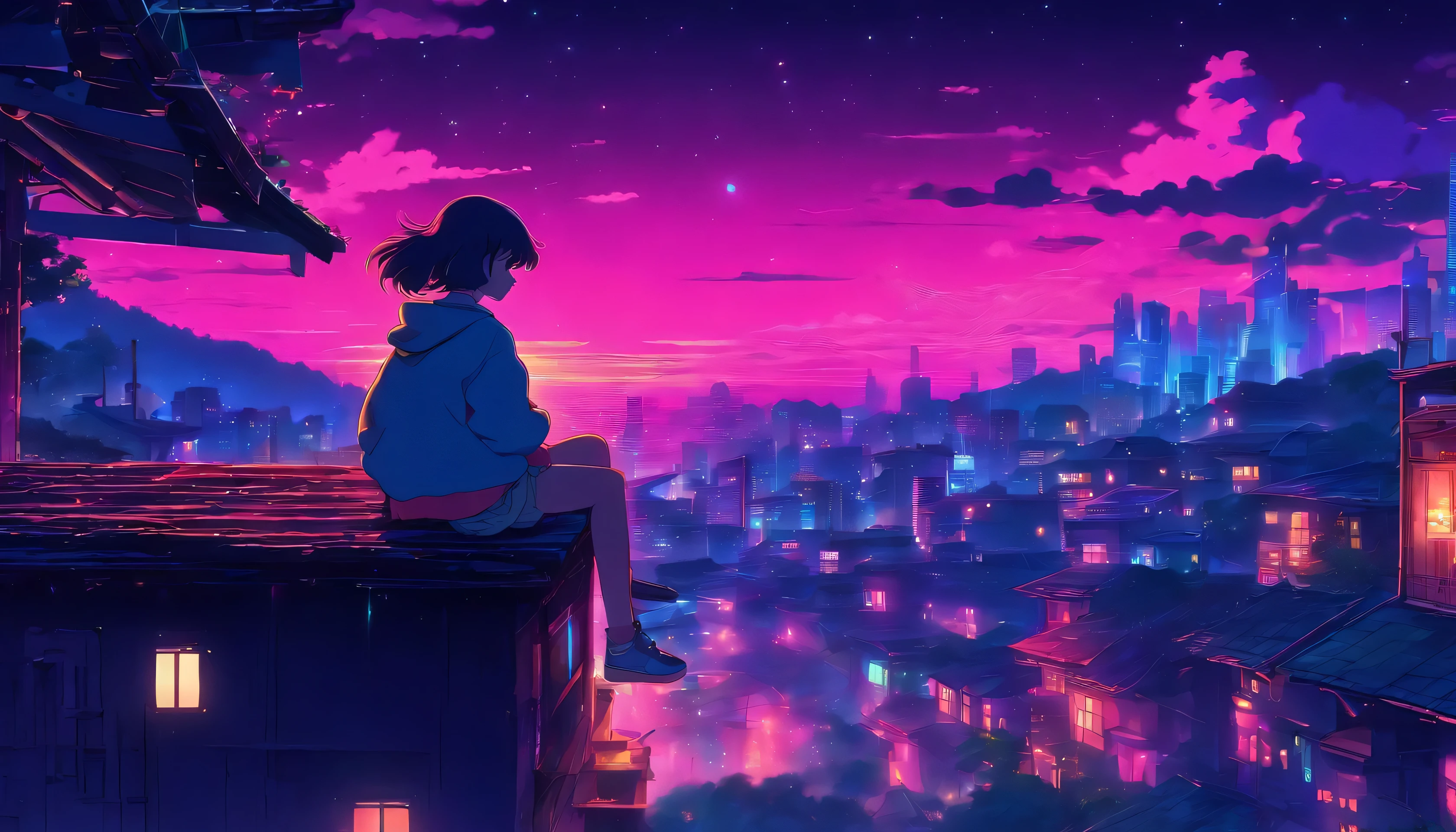 (Lofi), A girl sitting on the rooftop of an old house, Lo-fi image,retro, flat,2.5d, night light, rooftop view, neon scape, beautiful colorful night sky,stars ,analog color theme, fantasy ,line art, ink drawing, big ink line, watercolor, goauche color, studio Ghibli style, awesome colorful, outurn, synthwave, lofi art,90s style,old texture, amplitude,90s atmosphere, masterpiece, massive skills