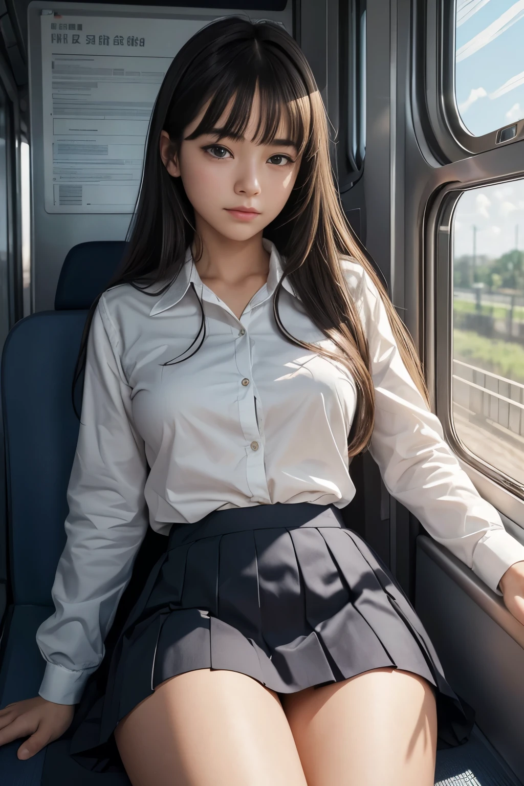1 beautiful woman, brown hair, big body, long hair, red lips, white button down blouse, tie, gray skirt, boots, asleep on the bus, eyes closed.