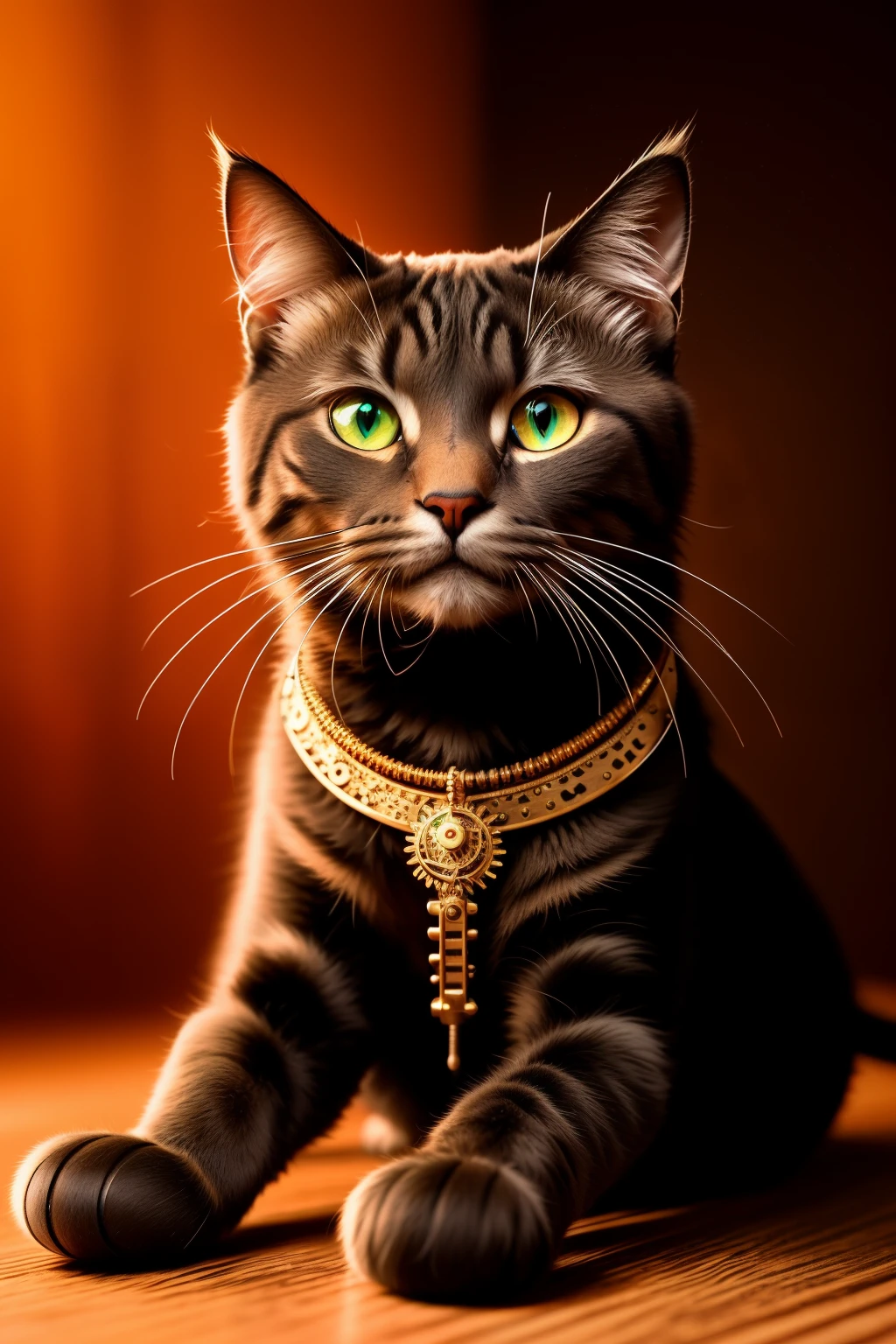 A surreal and hyper-realistic full-body image of a cat, meticulously crafted from intricately interconnected brass gears and cogs of steampunk design, proudly stands atop a weathered wooden table. The vivid red and black background, shrouded in an enchanting haze of mystery, enhances the captivating allure of this wondrous mechanical feline.
As your gaze lingers, the strikingly lifelike cat's piercing, emerald eyes gleam with intelligence, while its whiskers twitch as if in response to unseen stimuli. This mesmerizing creation, rendered in stunning 3D and ultra-HD, bo