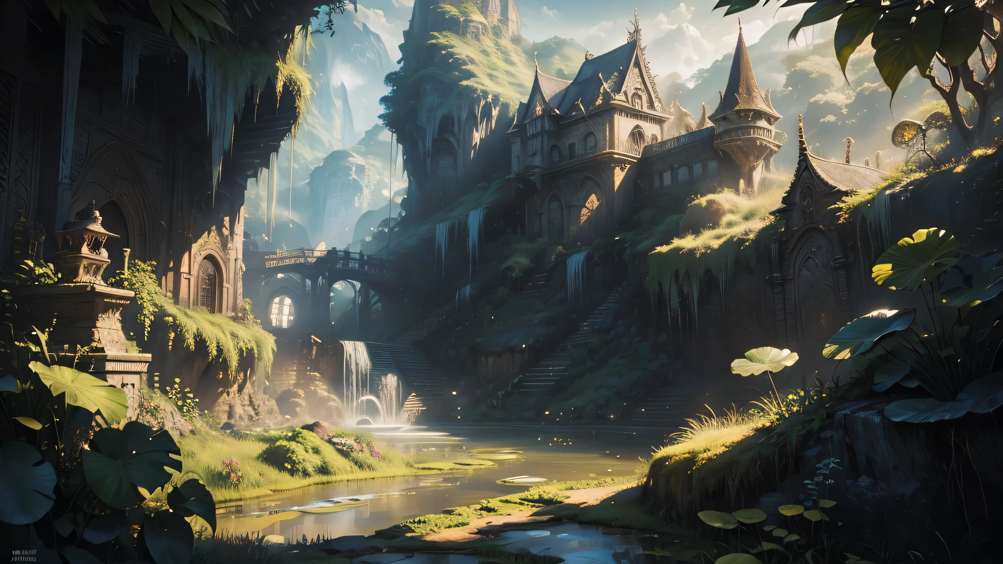 There is a waterfall in the middle of a tropical jungle, bela fantasia detalhada, fantasia altamente detalhada, fantasy scenic, arte digital de fantasia detalhada, Arte digital de fantasia 2D, arte digital detalhada de fantasia 2D, impressive paisagem de fantasia, fantasy pictorial style, arte estilo fantasia, medieval paisagem de fantasia, paisagem de fantasia, realistic fantasy illustration, Arte de fantasia 4k, cidade de fantasia