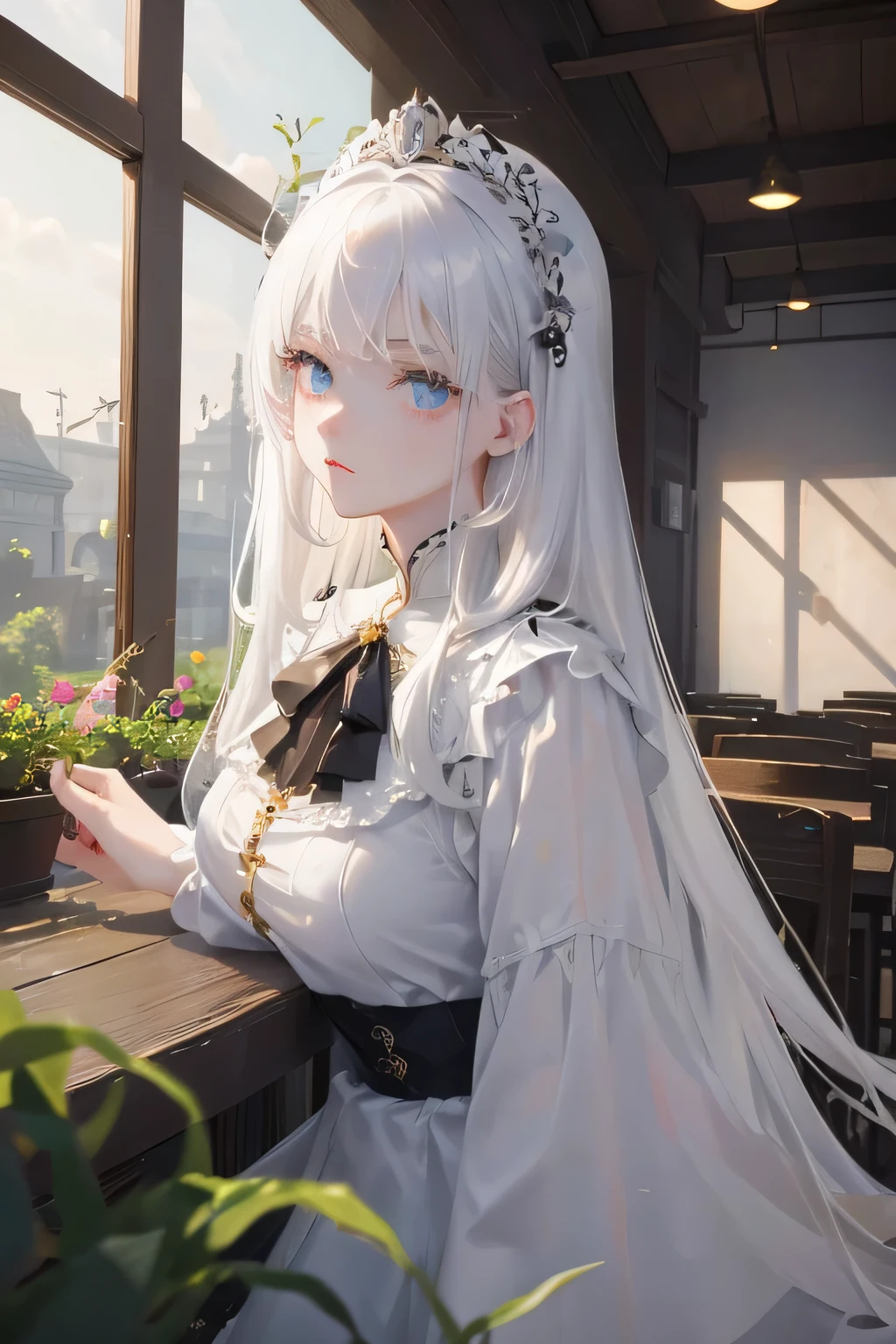 on the table, best quality, (perfect face:1.1), (high detail:1.1), (super detailed eyes), dramatic,  Super detailed illustrations, Very detailed, 1 girl in, (pale skin), long white hair, ethereal eyes, (Light eyebrows), ((可爱的Ha ha容)), (broken to pieces:1.5),alone, long hair, Uniforms,Pouting, proud expression, Ha ha, Cinema lighting, one person&#39;the opinion of, in the garden