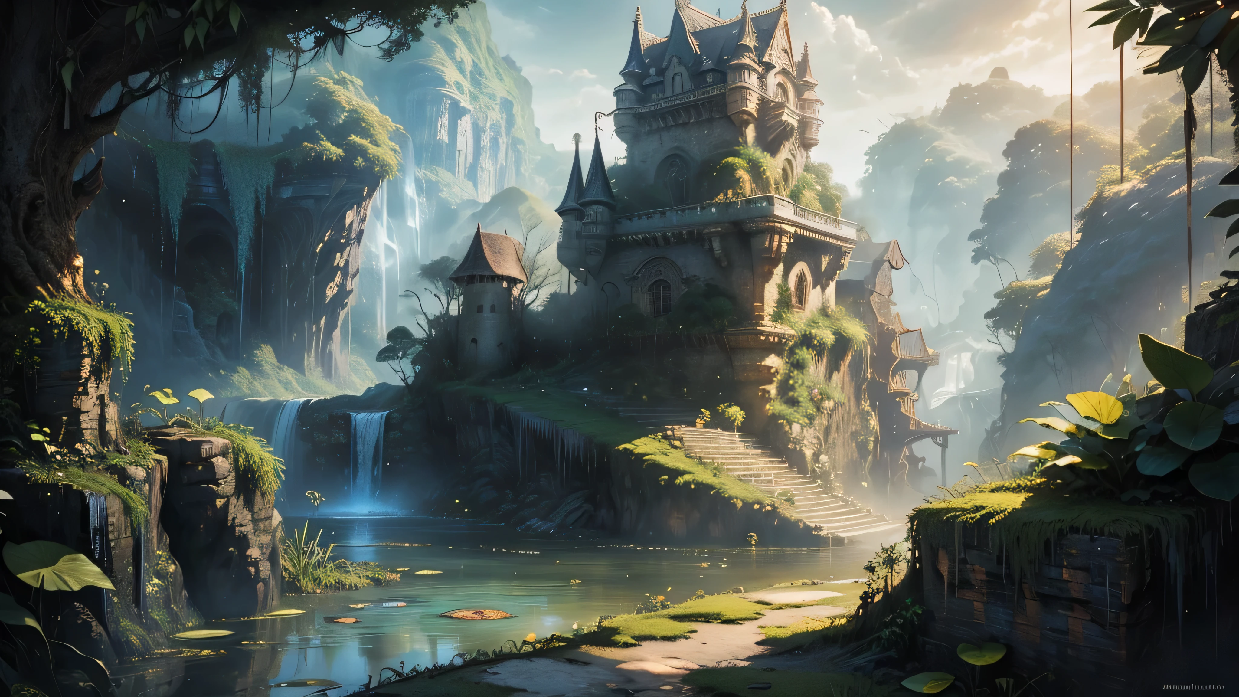 There is a waterfall in the middle of a tropical jungle, bela fantasia detalhada, fantasia altamente detalhada, fantasy scenic, arte digital de fantasia detalhada, Arte digital de fantasia 2D, arte digital detalhada de fantasia 2D, impressive paisagem de fantasia, fantasy pictorial style, arte estilo fantasia, medieval paisagem de fantasia, paisagem de fantasia, realistic fantasy illustration, Arte de fantasia 4k, cidade de fantasia