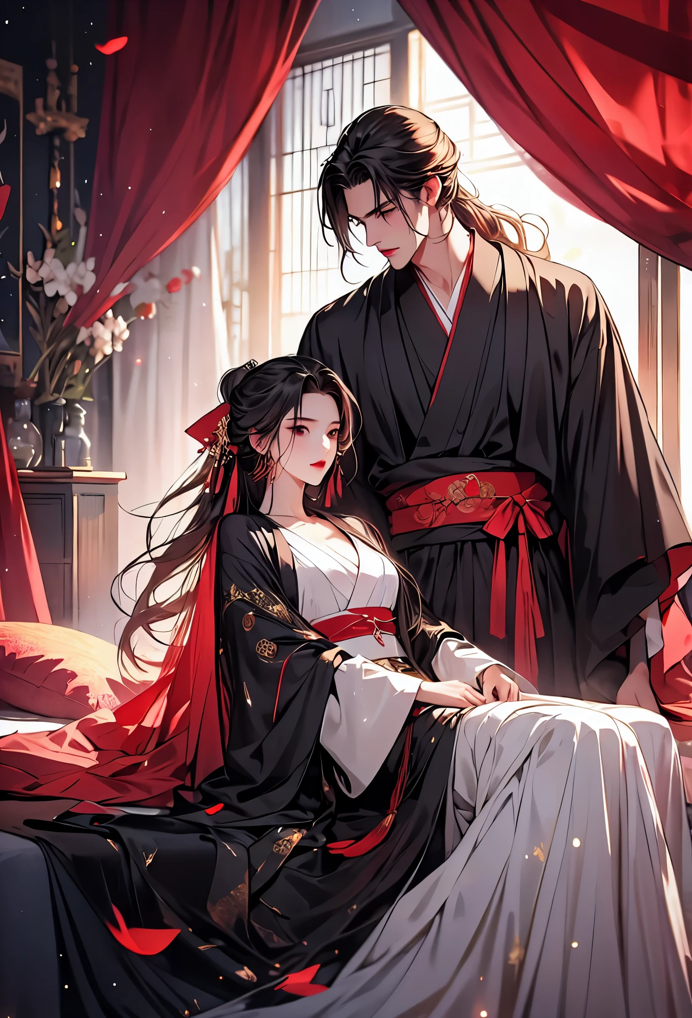 Masterpiece, the best quality, 8K, high tone, super detail, realistic, boy, night, (black Hanfu), revealing collarbone, loose dress, long hair high ponytail, looking at the woman beside him, detailed face, the whole bedroom bathed in warm light, curtains fluttering gently, night, starry sky, red woman's hand touching the man's chest, woman's red Hanfu, hairpin, Gold headdress, seduce,