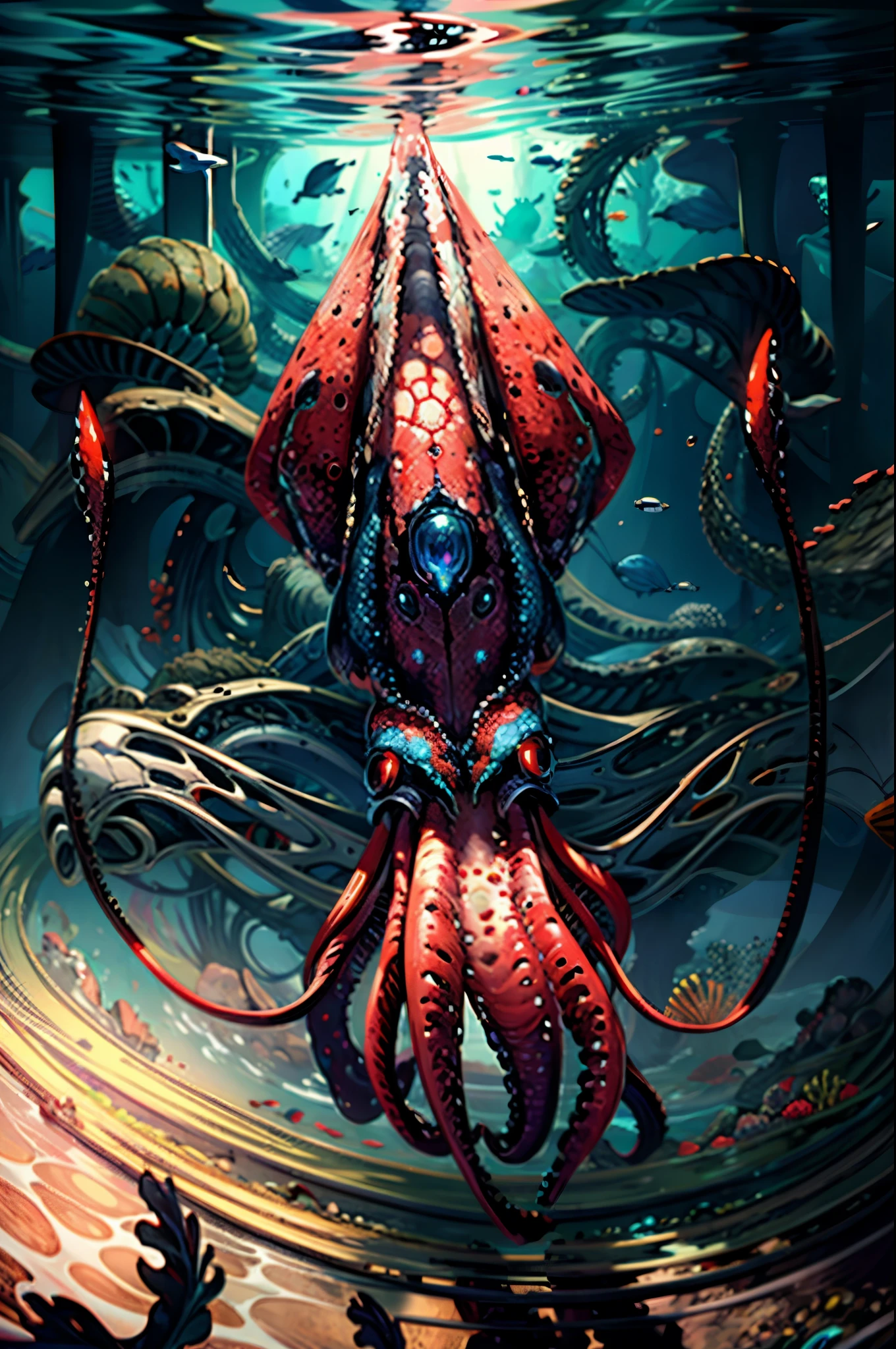 close shot  of a mythical colorful squid, big pincers, shiny multicolored skin, detailed tentacles, detailed skin, the squid is swimming under the sea, looking at viewer with the glowing eyes, blue and red and black skin, crystal, coral ,clear water,focus, alien underwater landscape background .BREAK,Detailed,Realistic,4k highly detailed digital art,octane render, bioluminescent, BREAK 8K resolution concept art, realism,by Mappa studios,masterpiece,best quality,official art,illustration,ligne claire,(cool_color),perfect composition,absurdres, fantasy,focused,rule of thirds,