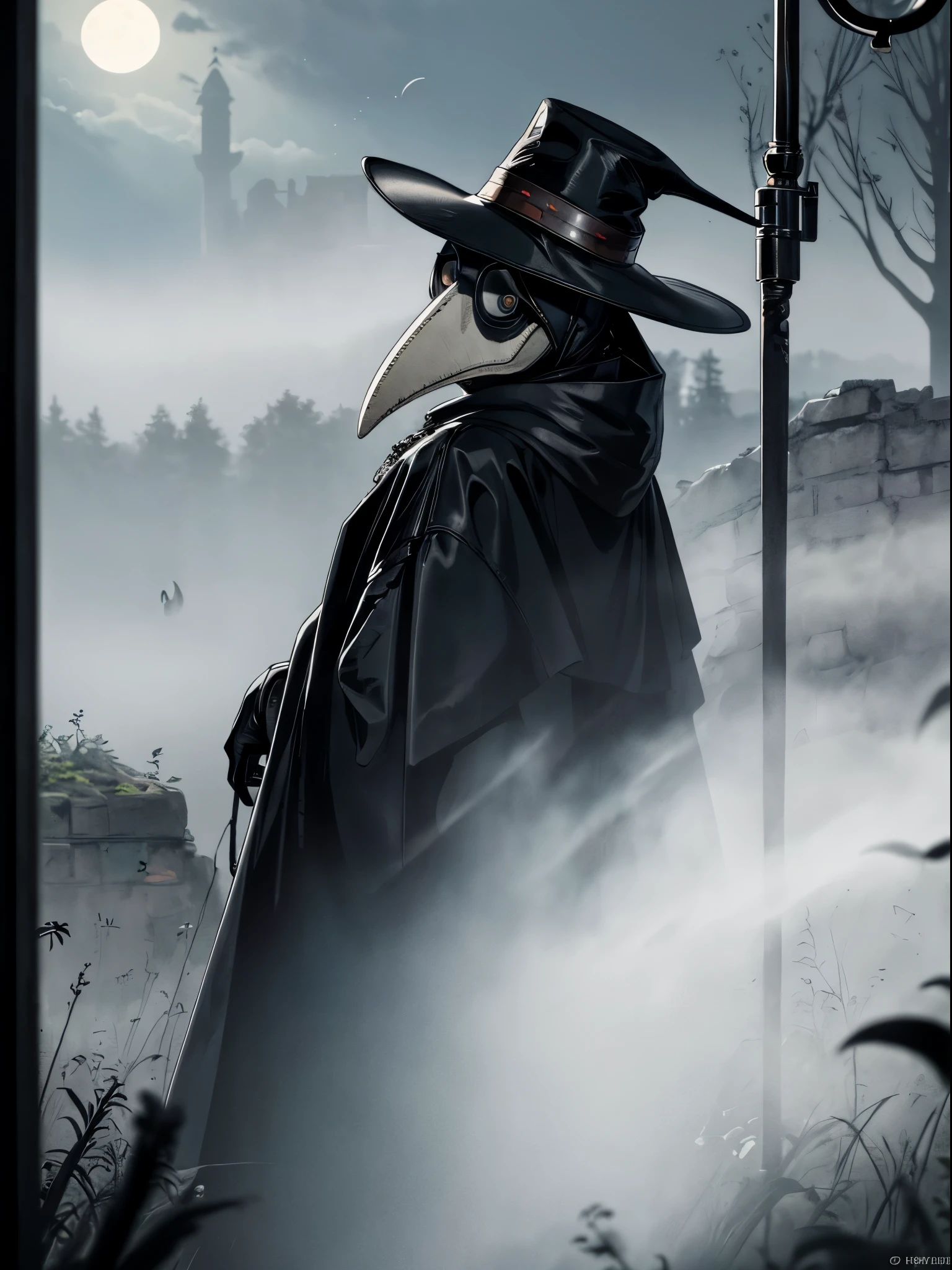 Beautiful, (masutepiece:1.2), (Best Quality:1.2), Realistic, Perfect eyes, Perfect face, Perfect Lighting, (1boy:1.2), plague doctor, Mask, Plague Doctor Mask, Faceless, With a cane, Evil atmosphere, skull belt,silk hat, chain, Black veil, trench coat, beaked mask, volume illumination:1.1, darkness, (detail: 1.2), cana, Floating particles, (depth of fields), High quality, Fujifilm 85mm, Ruins, landscape, highly detailed back ground, Nightmare, 8K, Convoluted, Grip, Mysterious,Black fog, Leather handbags,dark