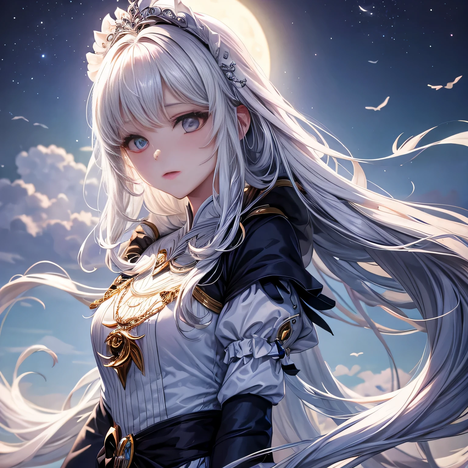 Anime girl with long white hair and a crown on her head - SeaArt AI