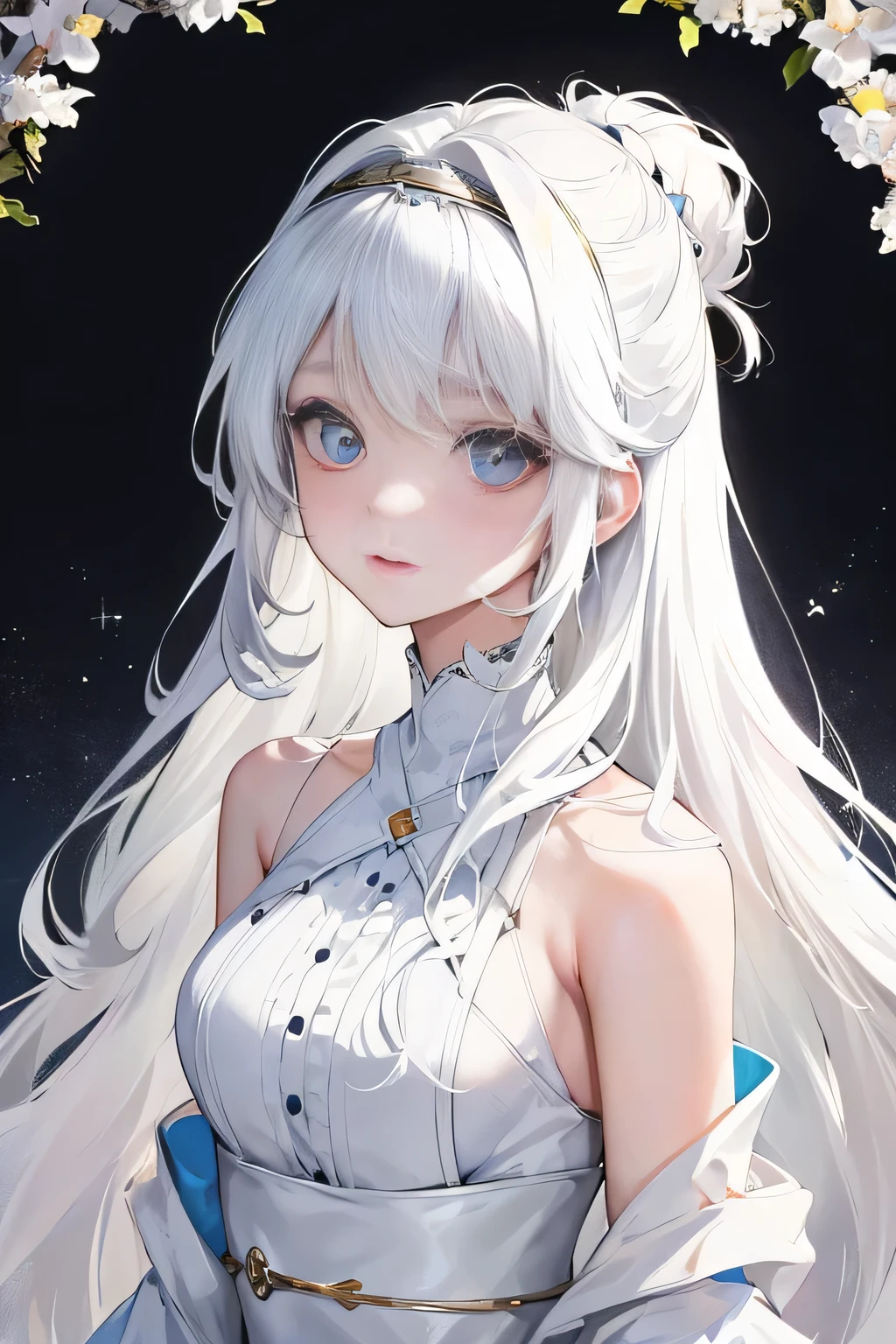 At the center of the anime world, depicts a lovely daughter, Her upper body is elegantly dressed in a rustic white dress. Her big, Beautiful eyes sparkle with beauty and tenderness. long, The flowing white hair hangs down from her side, Outline her delicate facial features. Gray-white hair is cleverly exposed from under the headband, Adding a touch of maturity to her youthful appearance. Her big眼睛闪烁着慈祥的光芒, She embodies the essence of anime cuteness.