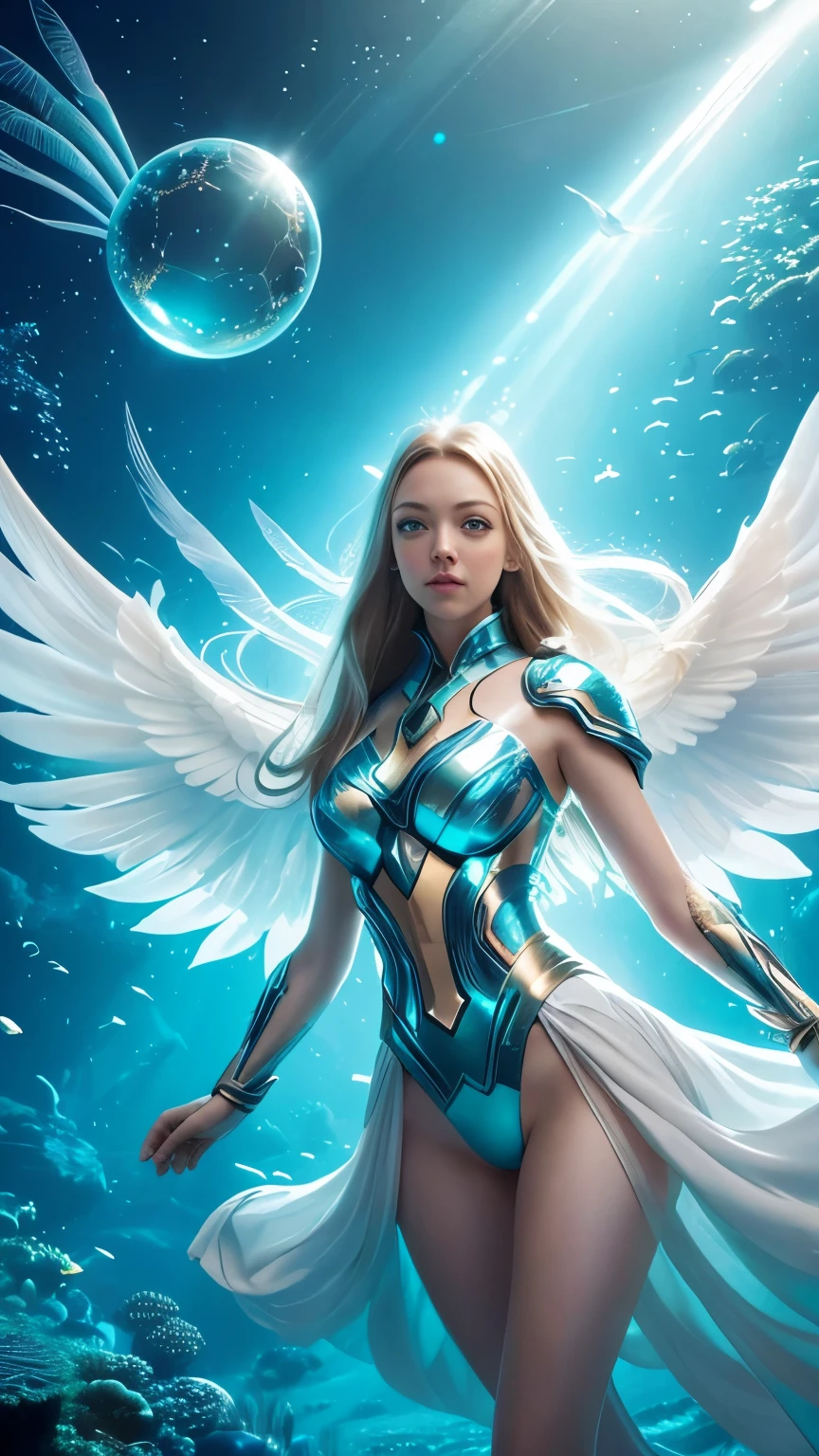 Amanda seyfried, Futuristic translucent ethereal angel, Futuristic city and futuristic deep sea wonderland background, Feathers are oversized and pulled, suns, holy rays, the halo, Colorful rainbow, 16k, UHD Resolution, Composition simple, correct anatomy, Surreal dreams, Fantasy style surreal art, Epic digital fantasy art style, art germ, broken glass, ((Bubbly underwater landscape)) The octane representation of radiant light is very detailed.